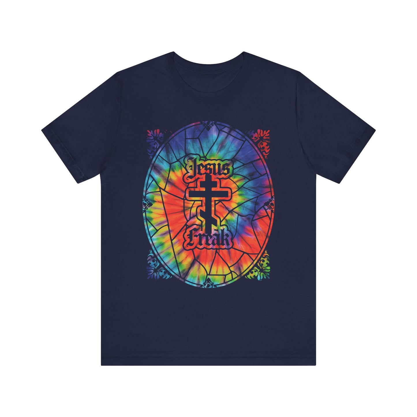 Show off your faith and 70s hippie spirit in this navy "Jesus Freak" unisex tee, featuring a tie-dyed stained glass window design and Orthodox cross—a vibrant, lightweight cotton shirt inspired by the bold community of the Jesus Movement.