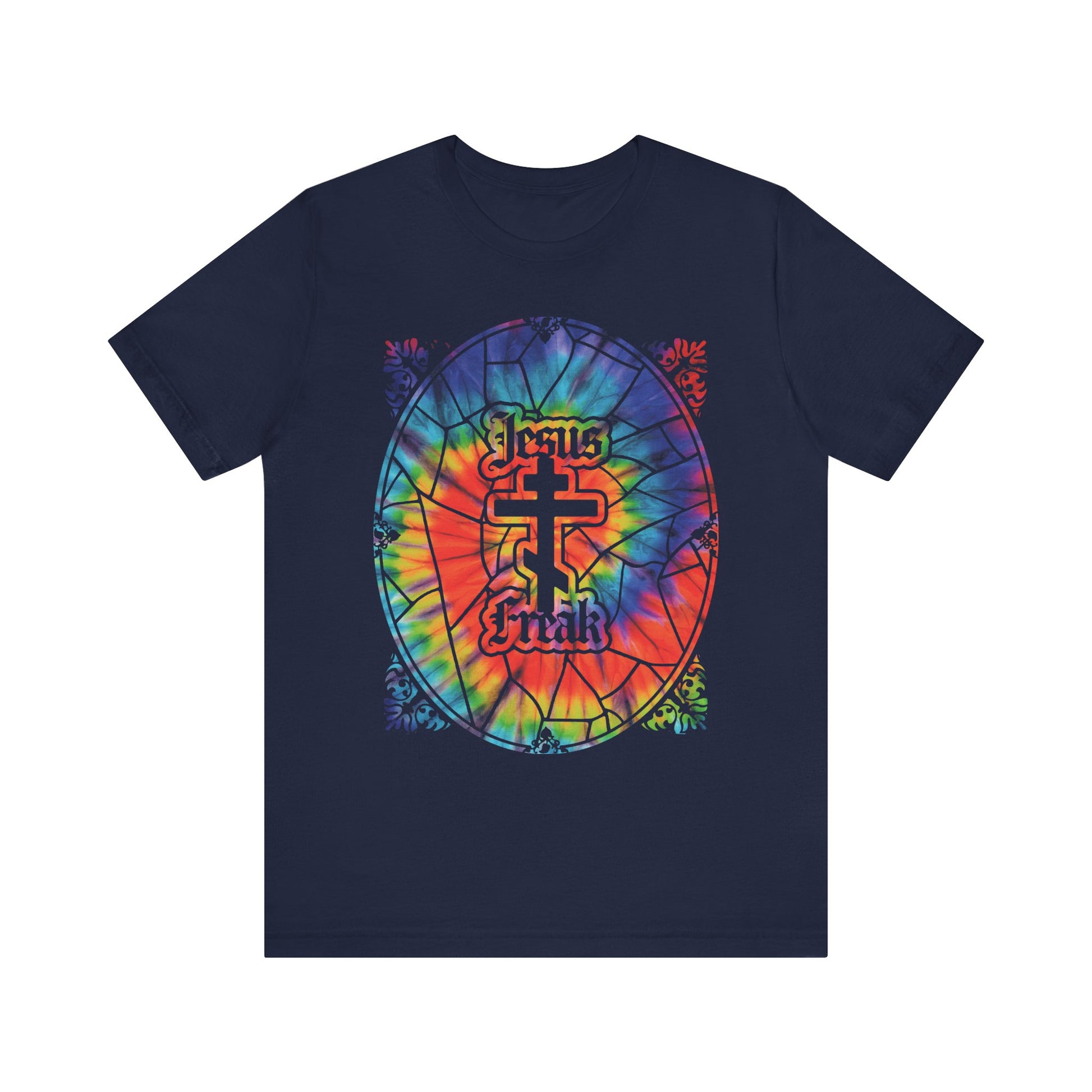 Show off your faith and 70s hippie spirit in this navy "Jesus Freak" unisex tee, featuring a tie-dyed stained glass window design and Orthodox cross—a vibrant, lightweight cotton shirt inspired by the bold community of the Jesus Movement.