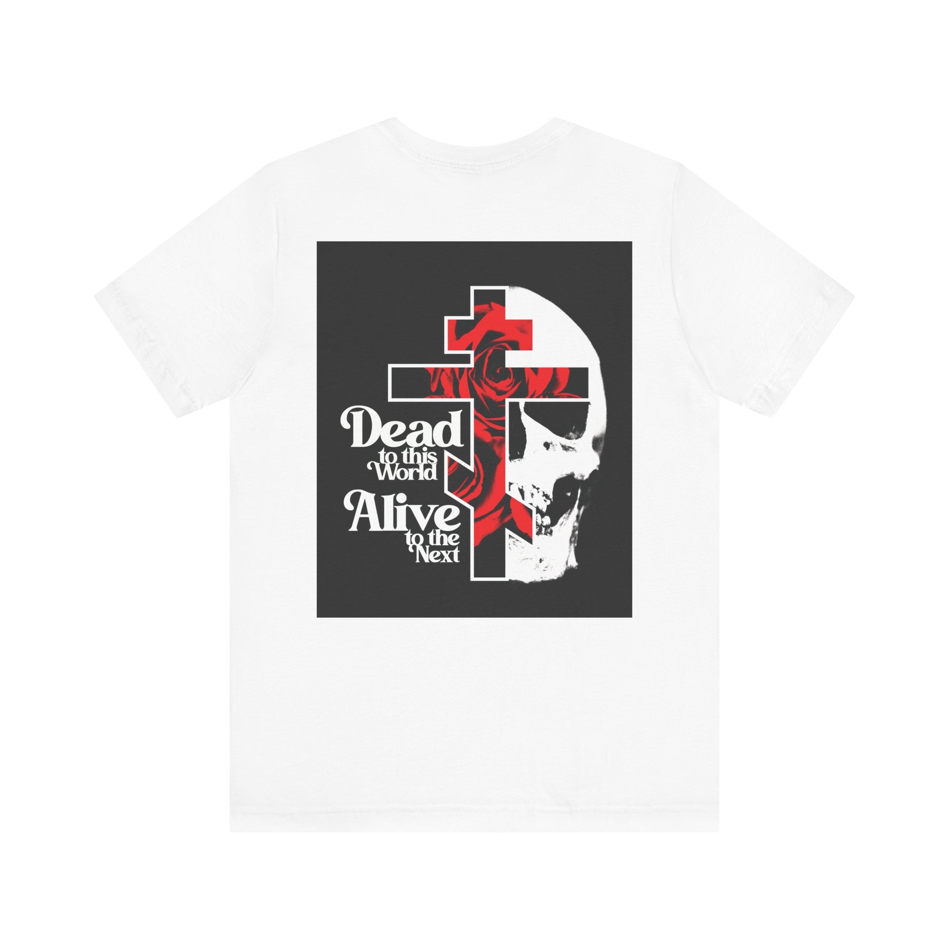 The BACK PRINT 2-Sided Christian Goth Flower Cross & Skull Tee is a lightweight cotton unisex shirt with "Dead to this World" text—a bold symbol of renunciation, inspired by the Ladder of Divine Ascent.