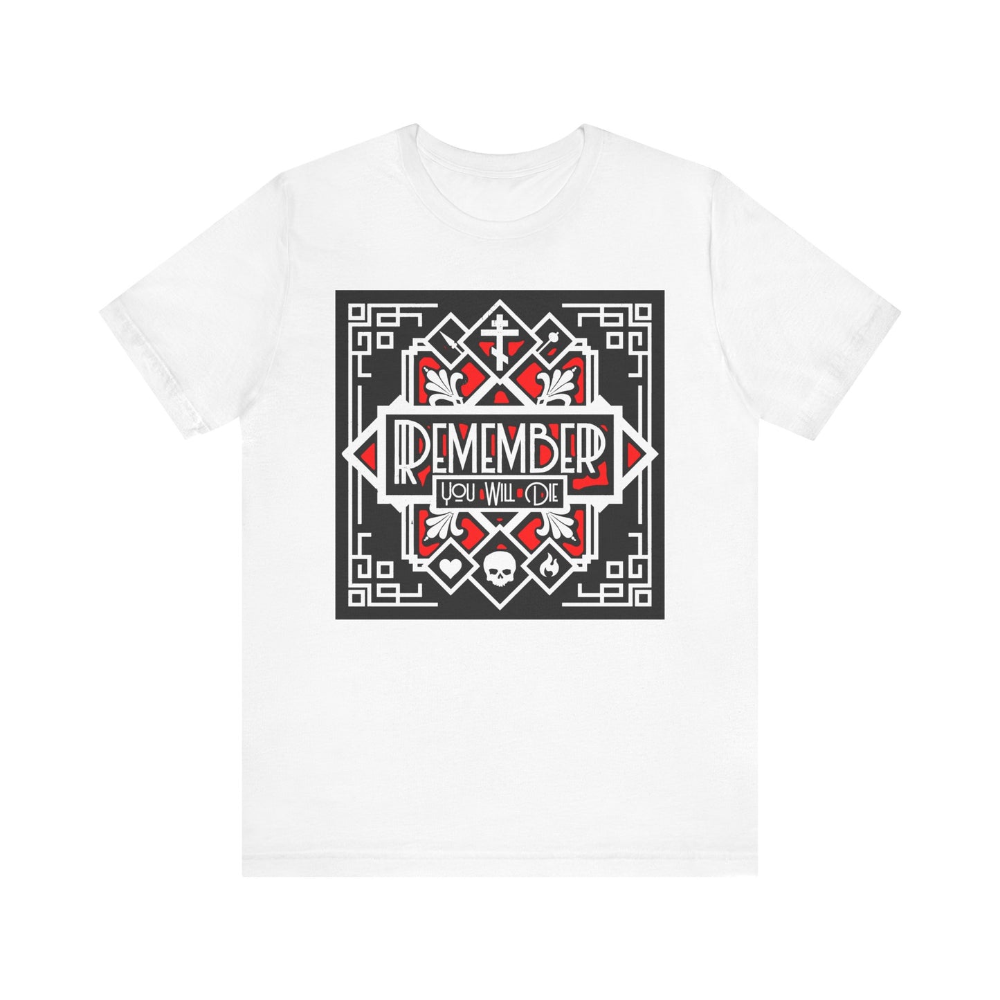 White lightweight cotton T-shirt featuring "Remember You Will Die" in bold letters, with a striking red and white Art Deco design of heart, skull, and fire elements inspired by Orthodox Christian themes of Memento Mori central to St Ignatius Brianchaninov’s teachings.