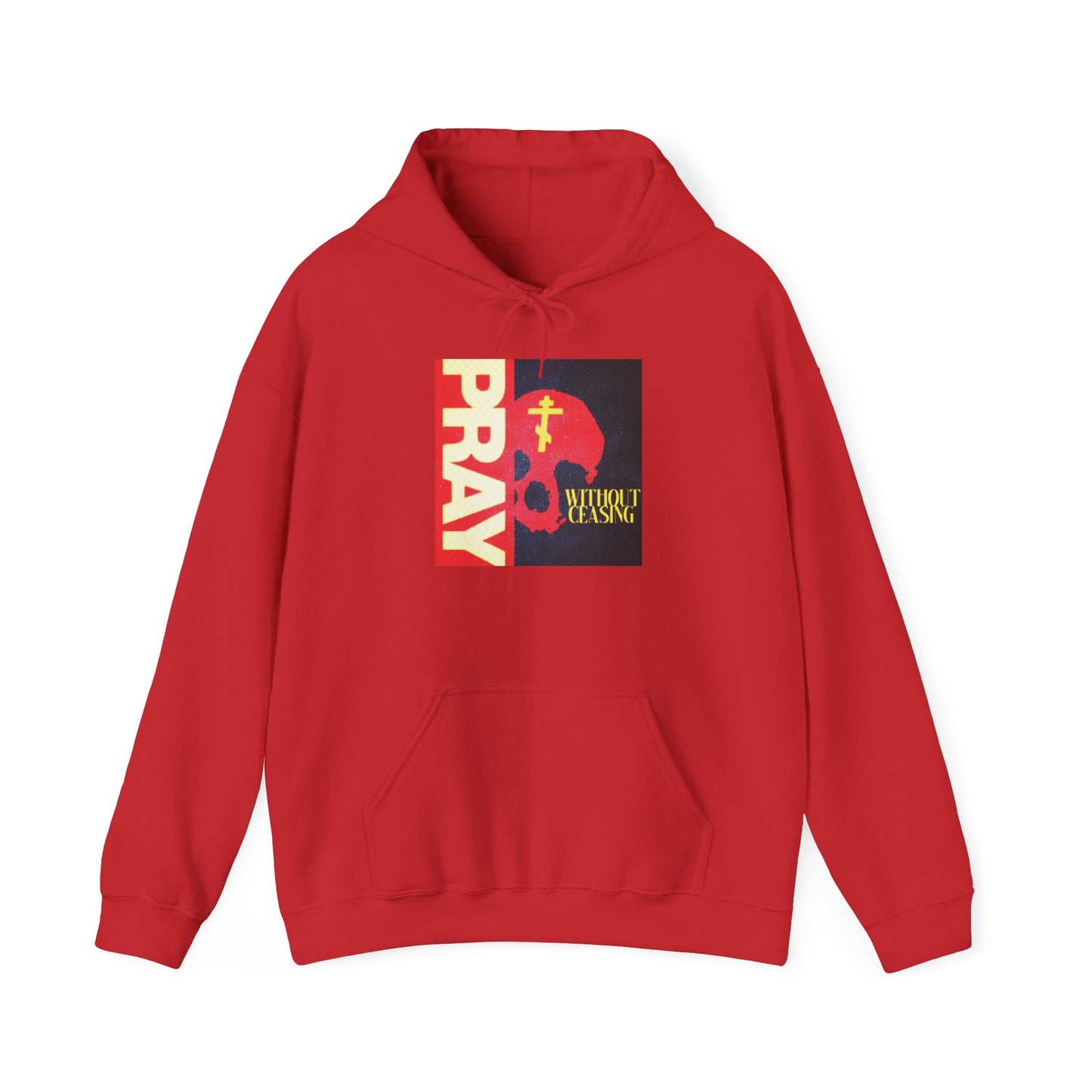 Pray Without Ceasing (1 Thess 5:16) | Red Skull w/ Yellow Orthodox Cross | Orthodox Christian Hoodie / Hooded Sweatshirt