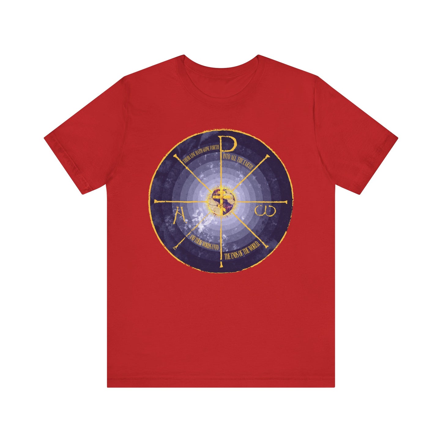 Red Geocentric Cross & Chi Rho tee with blue and yellow medieval graphic, featuring Alpha & Omega symbols in an Orthodox Christian design. Lightweight cotton unisex shirt.