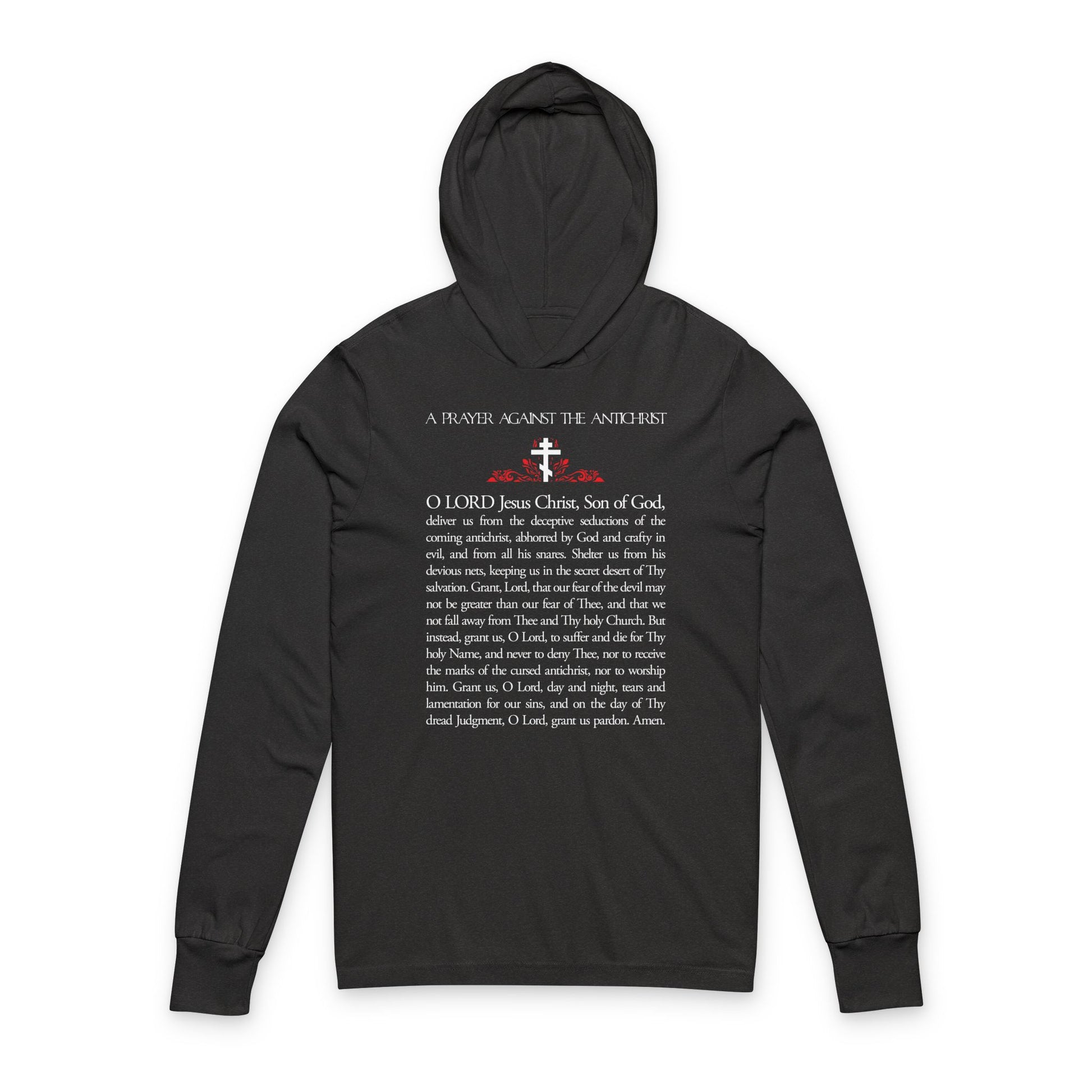 Charcoal Black TriBlend hoodie with "Prayer Against the Antichrist By Elder Anatoly the Younger of Optina" in bold white text on front; Orthodox Christian design inspired by Christ is King and Book of Revelation.