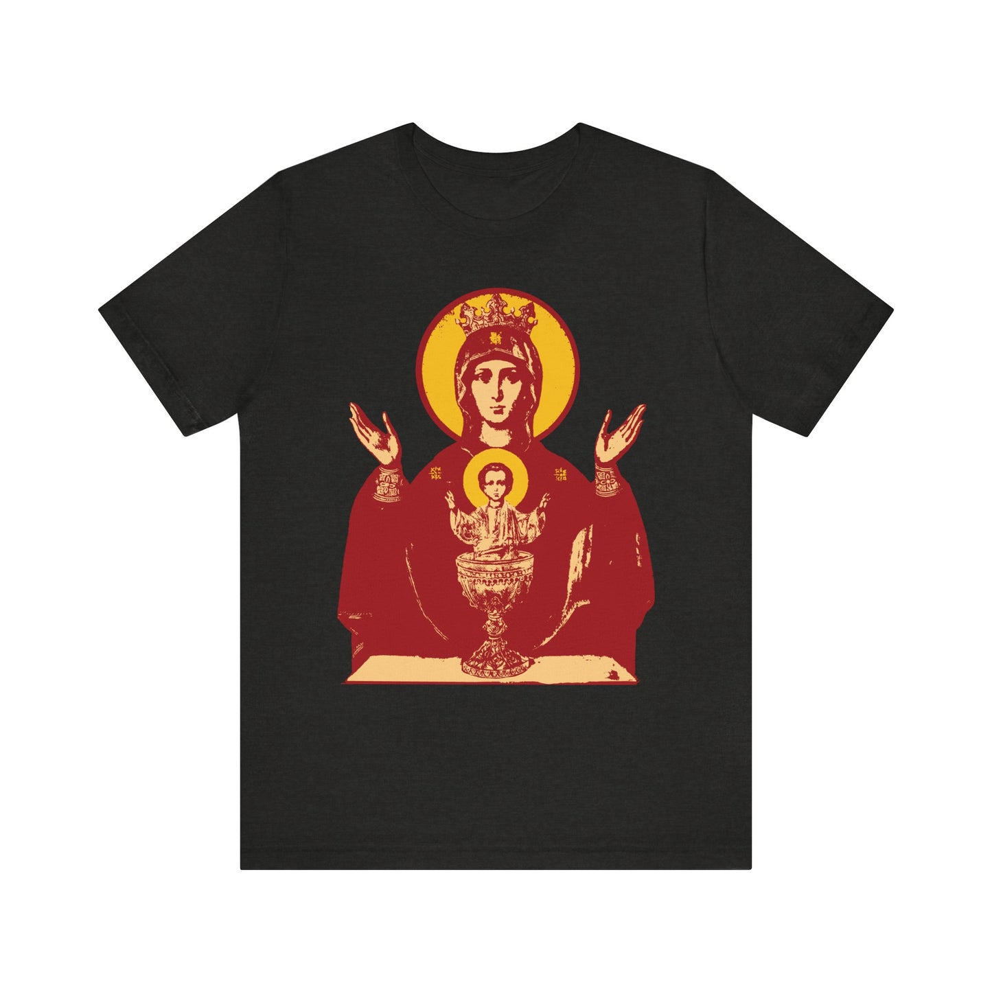 Black Heather unisex t-shirt featuring the Holy Theotokos IconoGraphic of the Inexhaustible Chalice, "Deliverer from Addictions"—a lightweight cotton shirt inspired by Byzantine iconography to help conquer passions.
