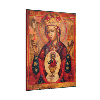 The Mother of God of Nicaea Russian Orthodox Christian Icon features the Theotokos Mary with raised hands, depicted with a child in a chalice on her chest, set against a gold and red background. This religious canvas sacred wall art is also known as Panagia.