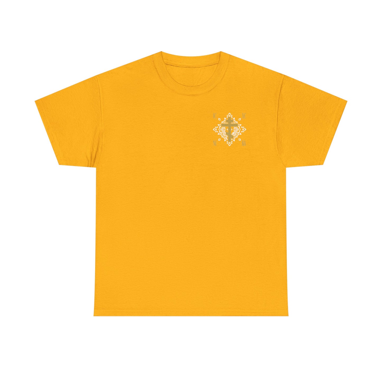 Gold Orthodox Cross ICXC NIKA  (Small Design) | White Medieval Ornate Floral Pattern | Jesus Christ Conquers | Midweight Cotton Unisex Tee