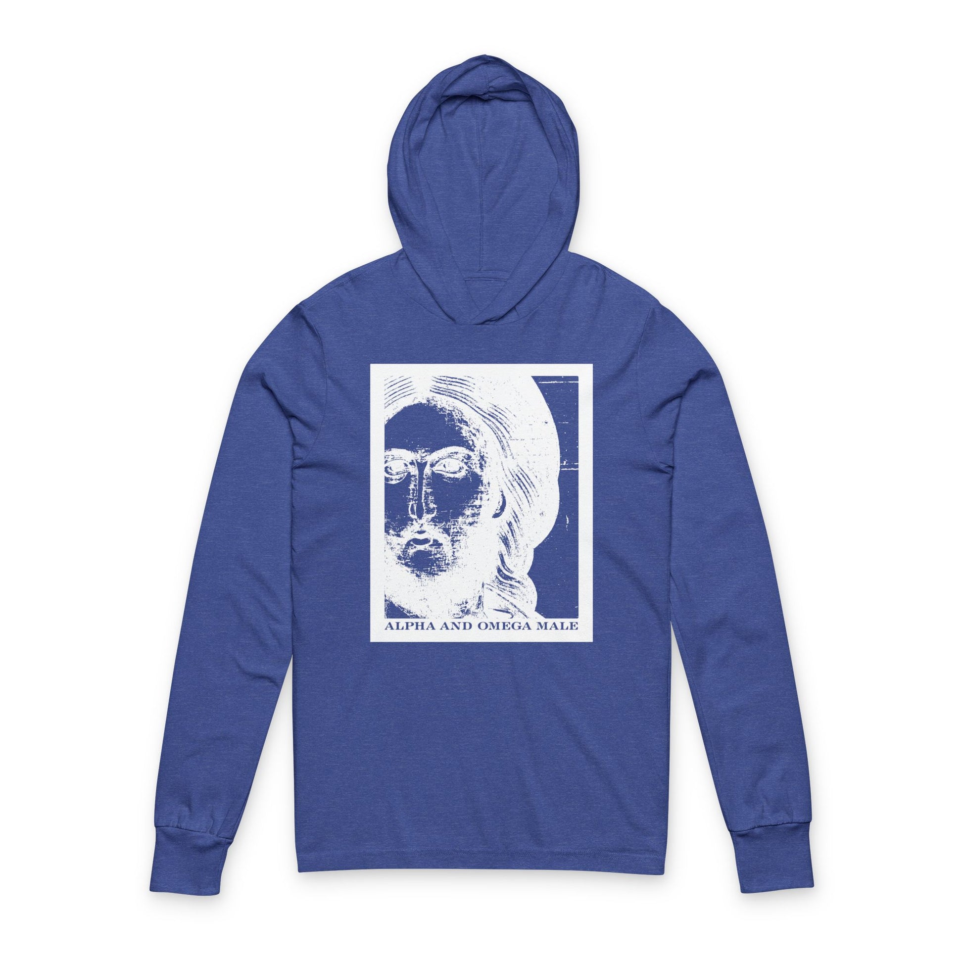 Heather True Royal hoodie with a photonegative Jesus Christ graphic and "Alpha & Omega Male" text, inspired by Revelation 22: "I am the Beginning & the End." Christian hooded shirt.