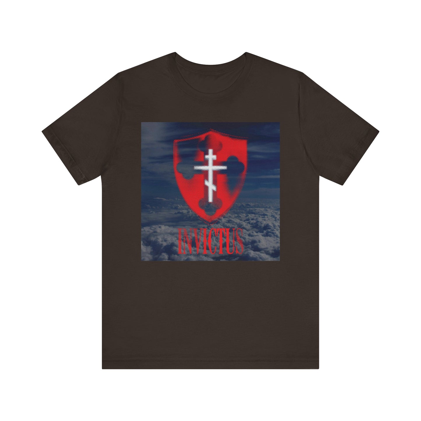 Brown t-shirt featuring a glowing red halftone shield with a white Orthodox cross and a clouds background, highlighted by "Christ Unconquered"—the Invictus tee serves as an inspiring reminder that “Death is swallowed up in victory” (1 Corinthians 15:54), evoking the promise of immortality.
