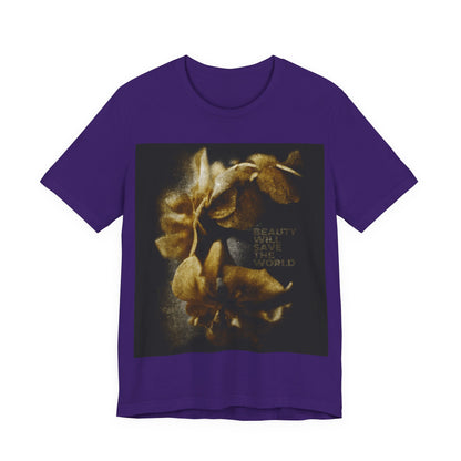 Team Purple t-shirt featuring "Beauty Will Save the World"—a Dostoevsky-inspired Orthodox Christian design with photographic artwork glorifying Jesus Christ, Universal Creator and King.