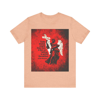 Heather Peach T-shirt featuring a textured cemetery angel and the quote "Little divides angels from men" by St John Chrysostom; a unique Orthodox Christian perfection graphic.