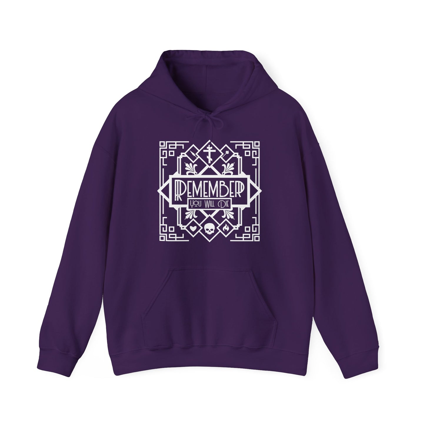 Purple "Remember You Will Die" Memento Mori Orthodox Christian hoodie in purple features a black and white Art Deco design with skull, heart, and fire line art. Inspired by Tuesday Vespers; echoes of Lord I Have Cried in solemn Tone 6.