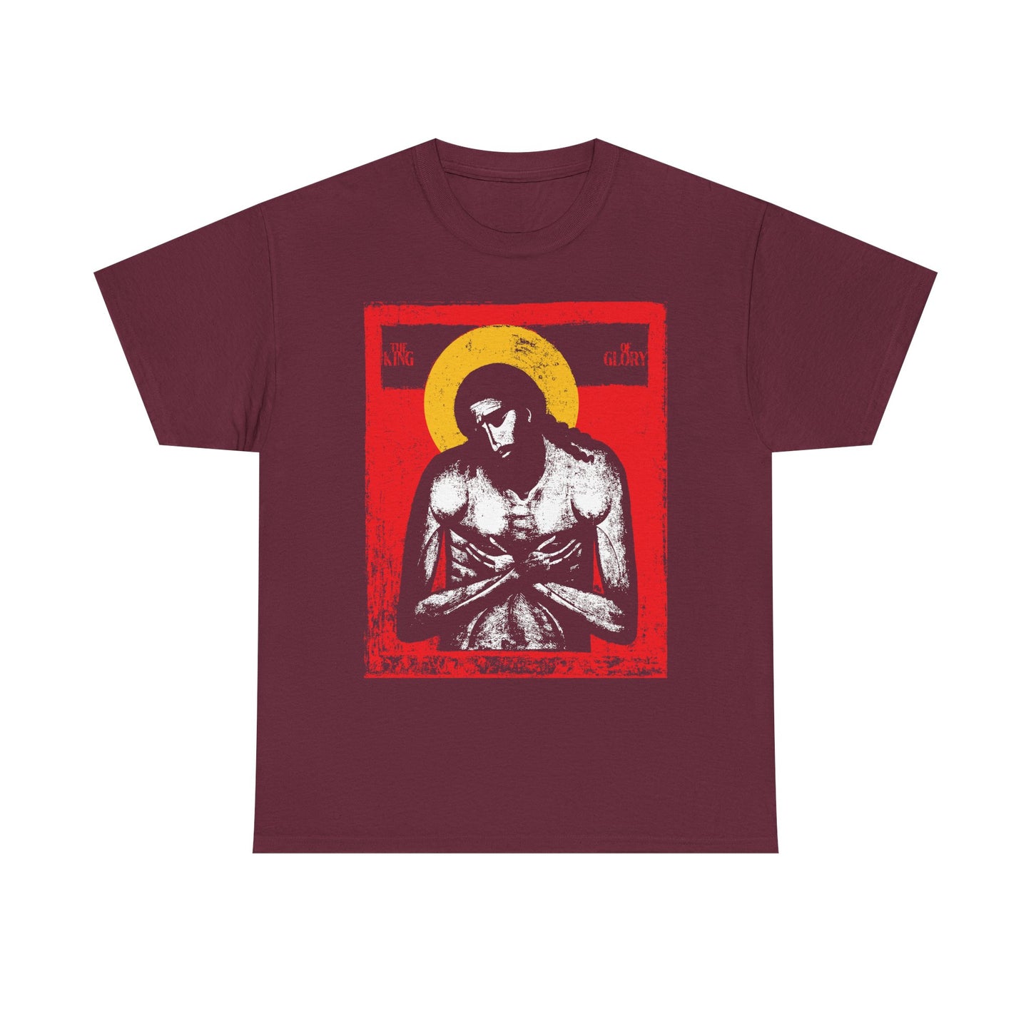 The King of Glory Jesus Christ "Extreme Humility" IconoGraphic Maroon T-shirt features a bold red, yellow, white, and black devotional graphic inspired by Isaiah 53 and the cross. Heavy cotton; perfect for Christian devotionals.