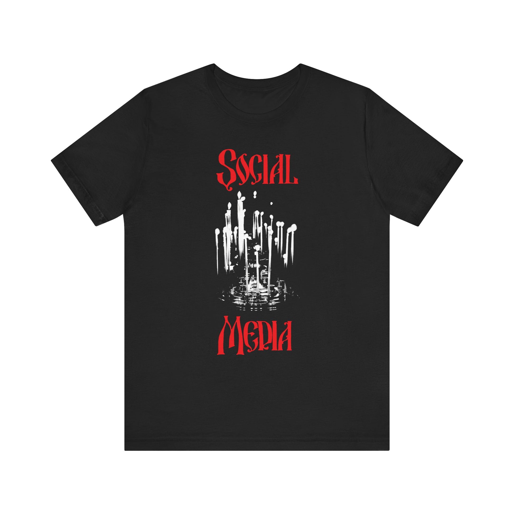 Black “Orthodox Social Media: Memorial Candles for the Candlestand” T-shirt, featuring a red and white cityscape dripping into water at the center, crafted from lightweight cotton in a unisex fit—an inspiring design honoring the enduring spirit of victorious martyrs like St. Cyprian of Carthage.