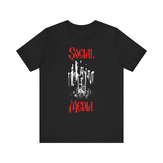Black “Orthodox Social Media: Memorial Candles for the Candlestand” T-shirt, featuring a red and white cityscape dripping into water at the center, crafted from lightweight cotton in a unisex fit—an inspiring design honoring the enduring spirit of victorious martyrs like St. Cyprian of Carthage.