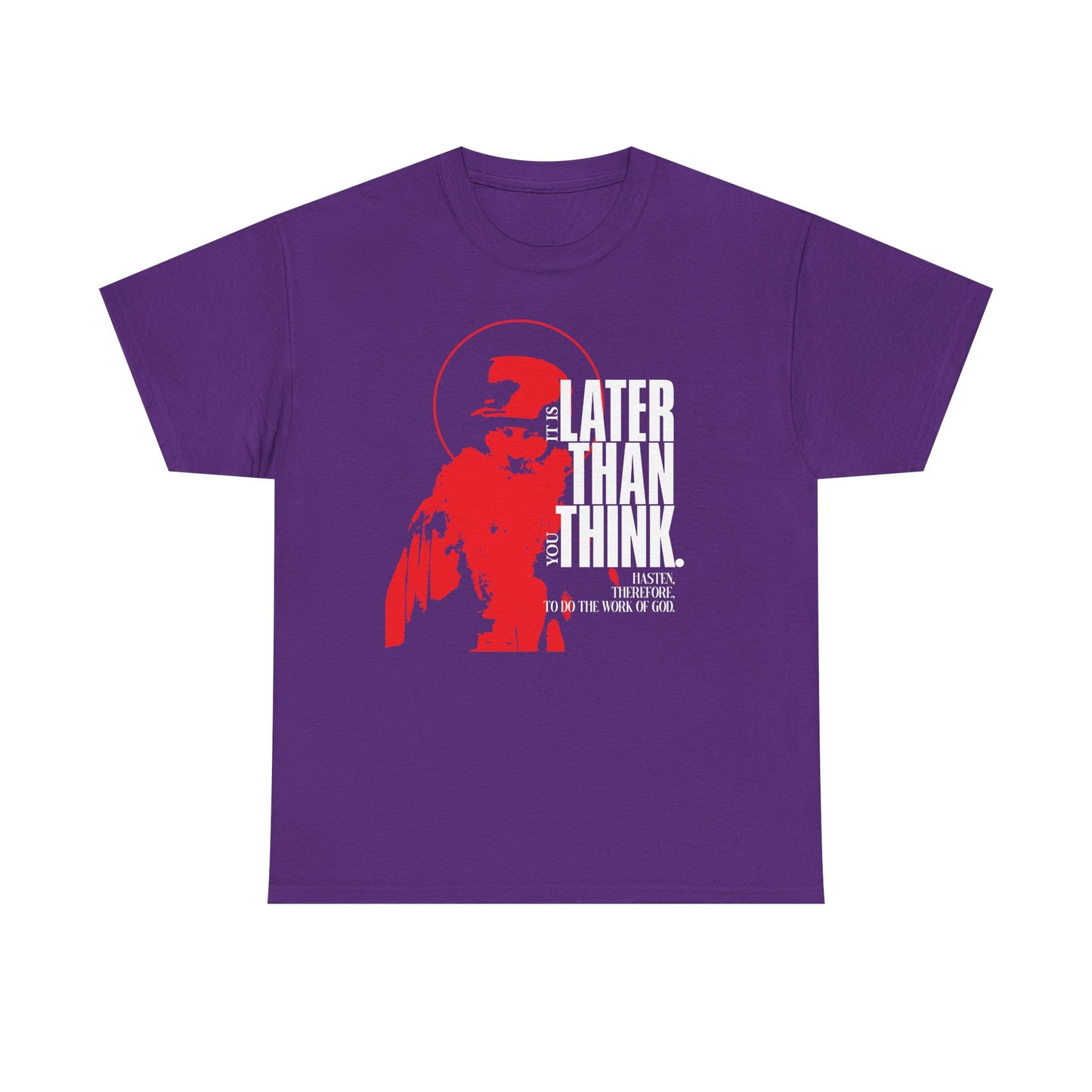 Purple “It’s Later Than You Think” Seraphim Rose Orthodox tee featuring minimal red halo graphic and white text, reflecting an apocalyptic ethos. Midweight unisex cotton shirt.