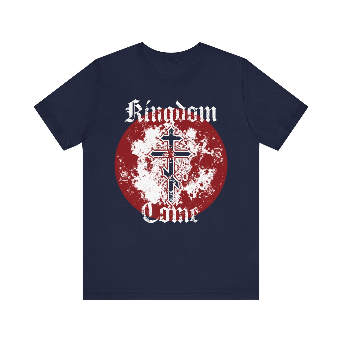 Navy "Kingdom Come" unisex tee featuring Lord’s Prayer text in a textured gothic font, a distressed Orthodox cross with vine graphic at the center—a striking Orthodox Christian design inspired by tradition.