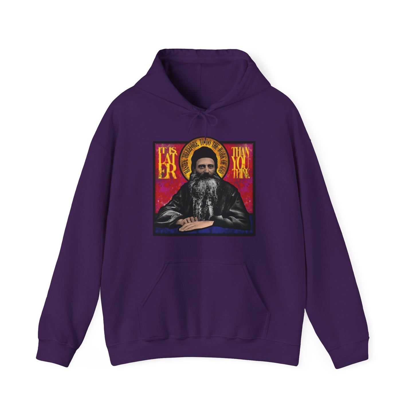 Purple “It Is Later Than You Think” hoodie featuring Fr. Seraphim Rose as a stained glass design, with text reminding us of the nearness of the Kingdom of Heaven.