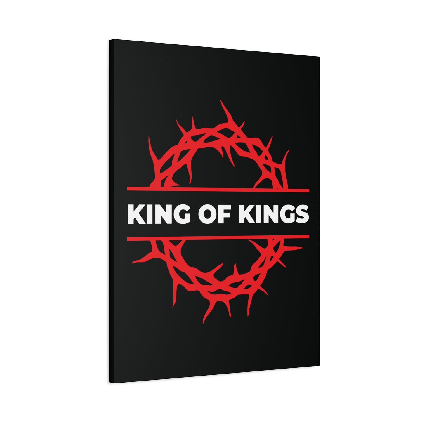 Black canvas featuring a red crown of thorns and bold KING OF KINGS text, inspired by Revelation 19:16. King of Kings Crown of Thorns | The King of Glory | Christ is King | Bold Christian Canvas Art.