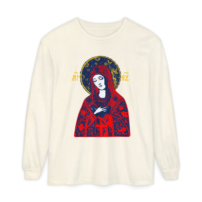Joy of All Joys Tenderness Theotokos Iconographic Based on Traditional Orthodox Iconography | Red Design | Orthodox Christian Long Sleeve Shirt
