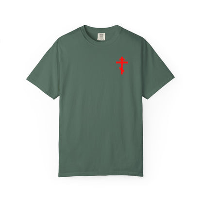 Blue Spruce heavyweight cotton unisex tee featuring a small red Orthodox cross printed on the front left chest and a “Crown of Thorns” design on the back, inspired by St. John Climacus and designed as a subtle reminder to always live in remembrance of death.