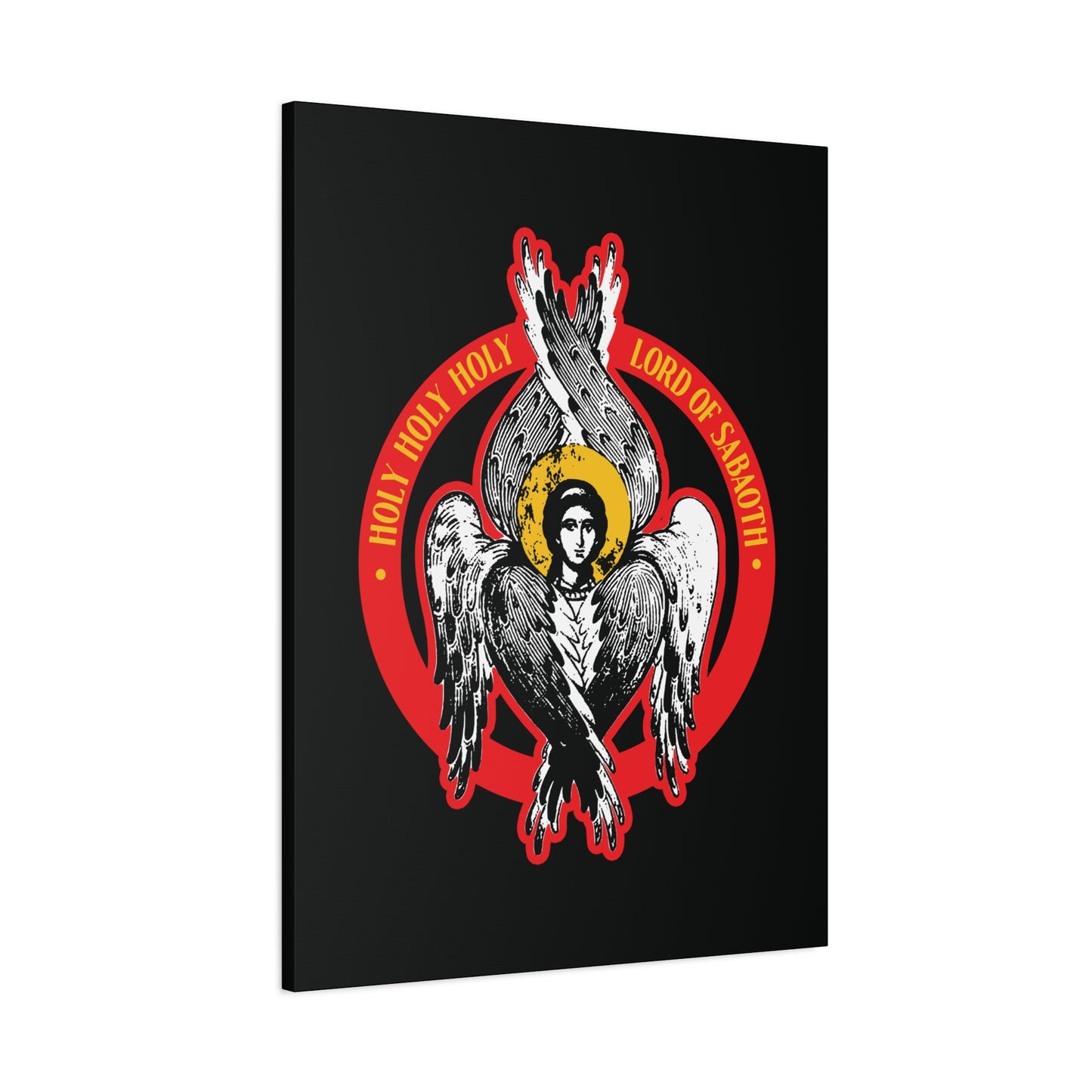 A six-winged seraphim with a halo, encircled by red text "HOLY HOLY HOLY LORD OF SABAOTH," inspired by Isaiah 6. Featured in the "Holy Holy Holy, Lord of Sabaoth | Orthodox Seraphim Angel IconoGraphic | Christian Wall Art.