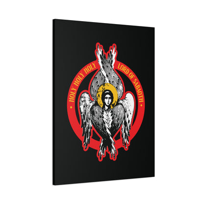 A six-winged seraphim with a halo, encircled by red text "HOLY HOLY HOLY LORD OF SABAOTH," inspired by Isaiah 6. Featured in the "Holy Holy Holy, Lord of Sabaoth | Orthodox Seraphim Angel IconoGraphic | Christian Wall Art.