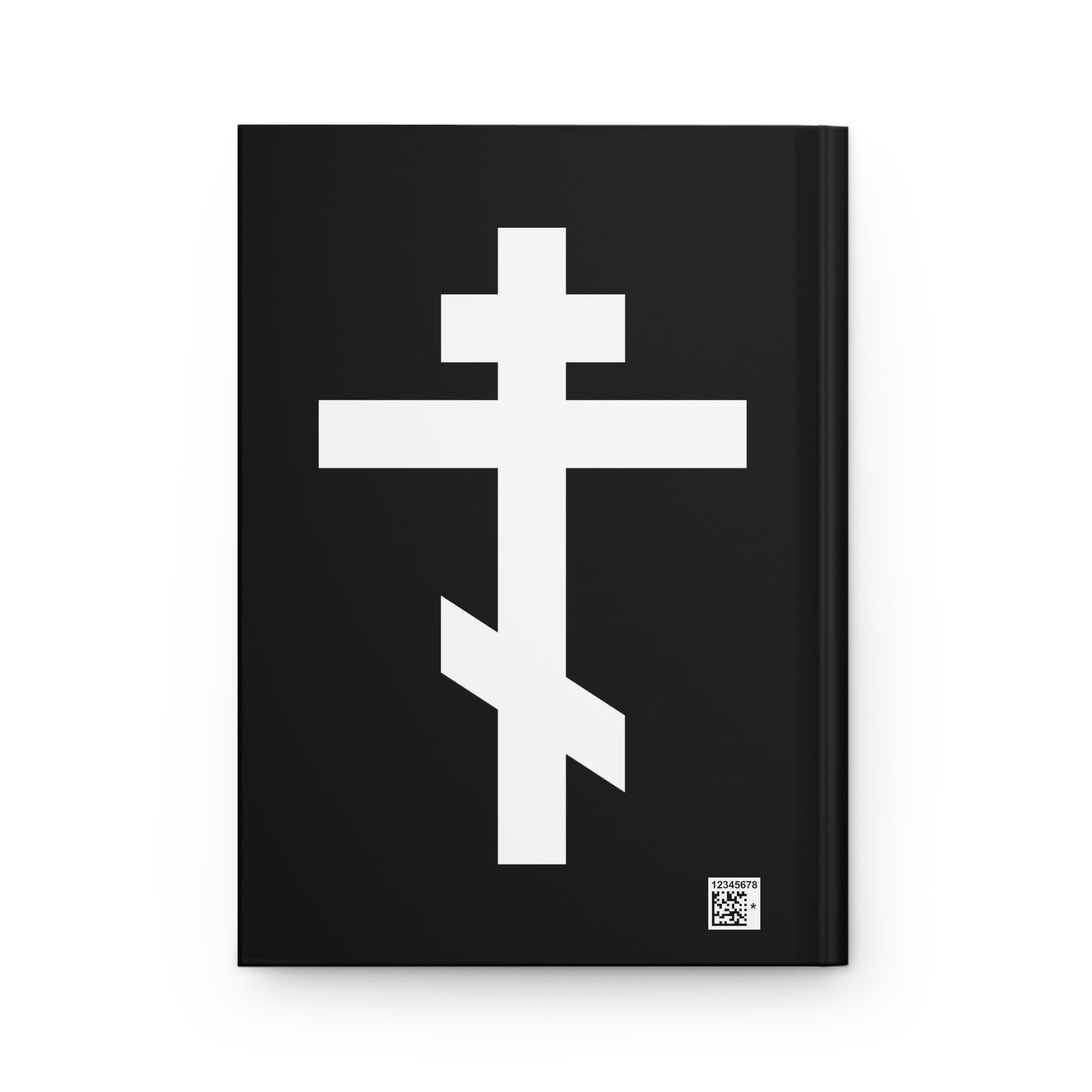 The White Orthodox Cross | "May I never boast, except in the cross of our Lord Jesus Christ" (Gal 6:14) | Orthodox Hardcover Journal features a black cover with a bold white Russian Orthodox cross and a small QR code in the lower right corner.