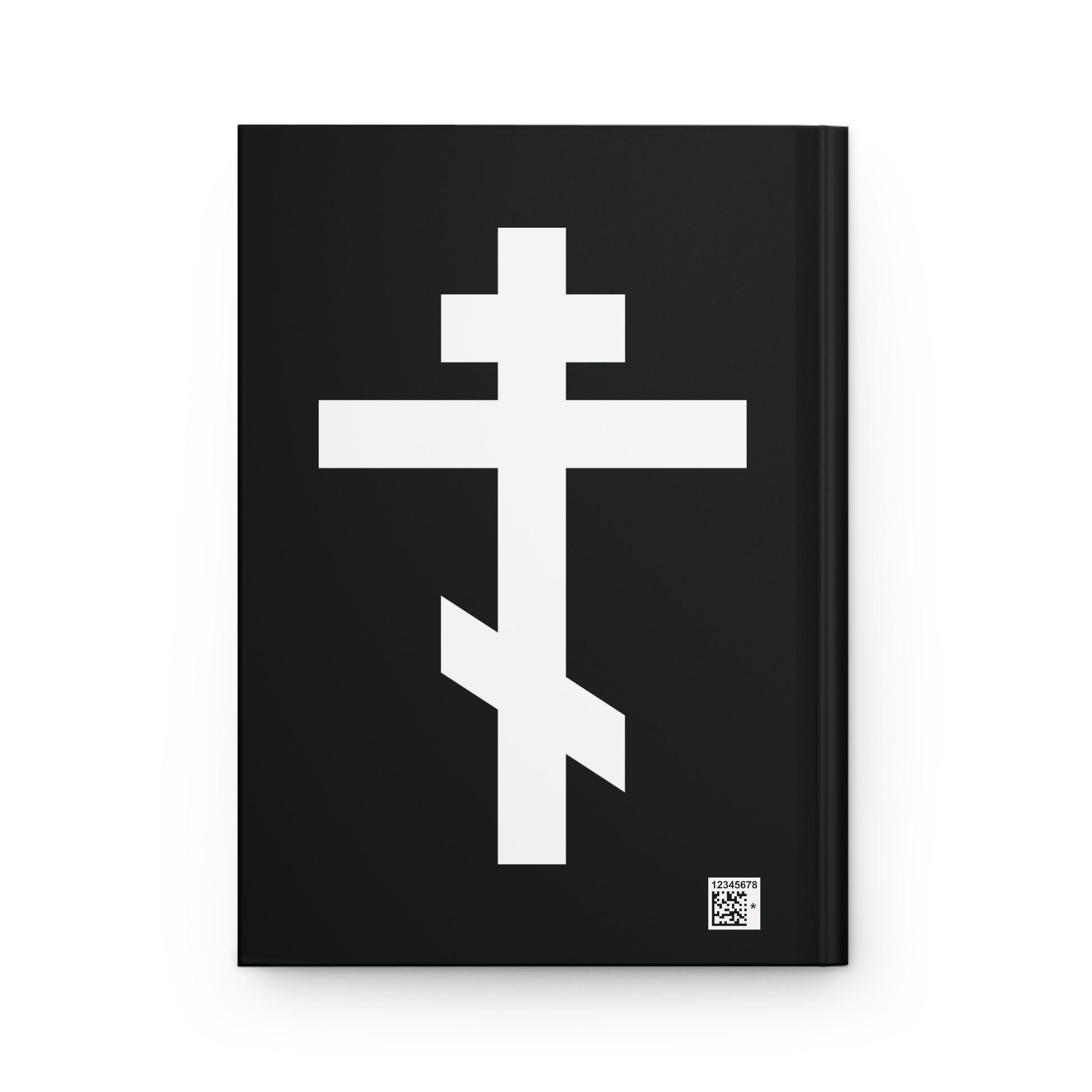 The White Orthodox Cross | "May I never boast, except in the cross of our Lord Jesus Christ" (Gal 6:14) | Orthodox Hardcover Journal features a black cover with a bold white Russian Orthodox cross and a small QR code in the lower right corner.