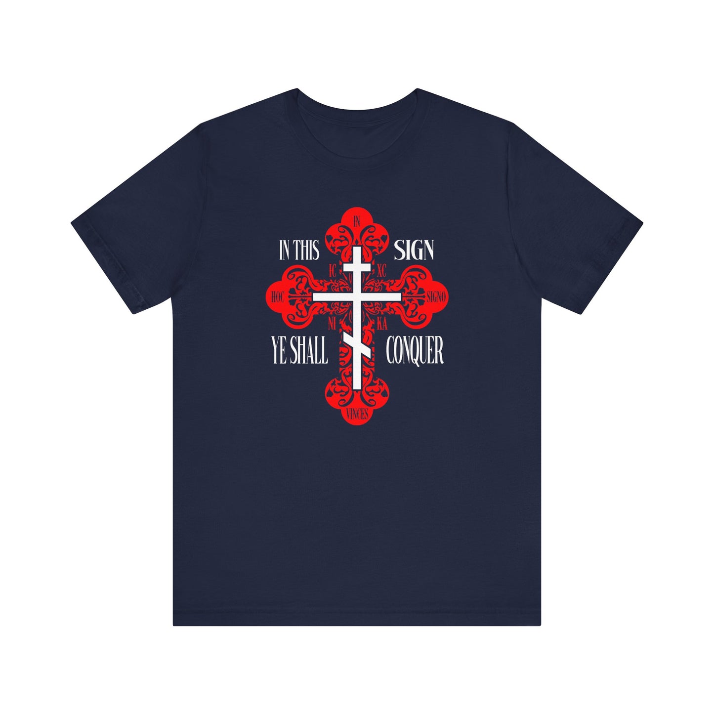 Navy unisex tee with ornate Orthodox Holy Cross and red accents, featuring "In This Sign Ye Shall Conquer" (In Hoc Signo Vinces, ICXC NIKA, Jesus Christ Conquers).