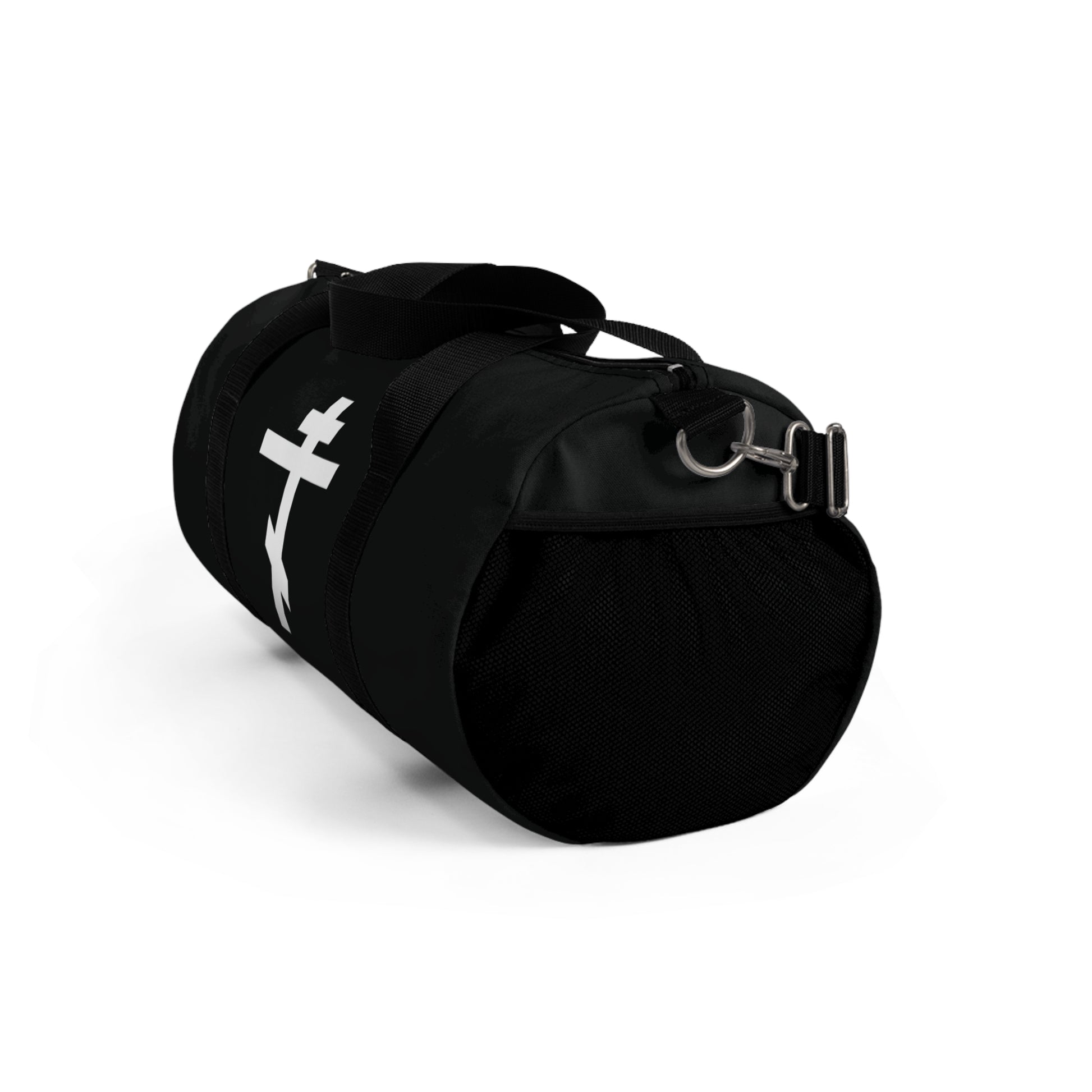 White Orthodox Cross gym duffel bag with shoulder strap, featuring a white Orthodox cross and Gal 6:14 quote: "May I never boast, except in the cross of our Lord Jesus Christ." Placed on a white background.