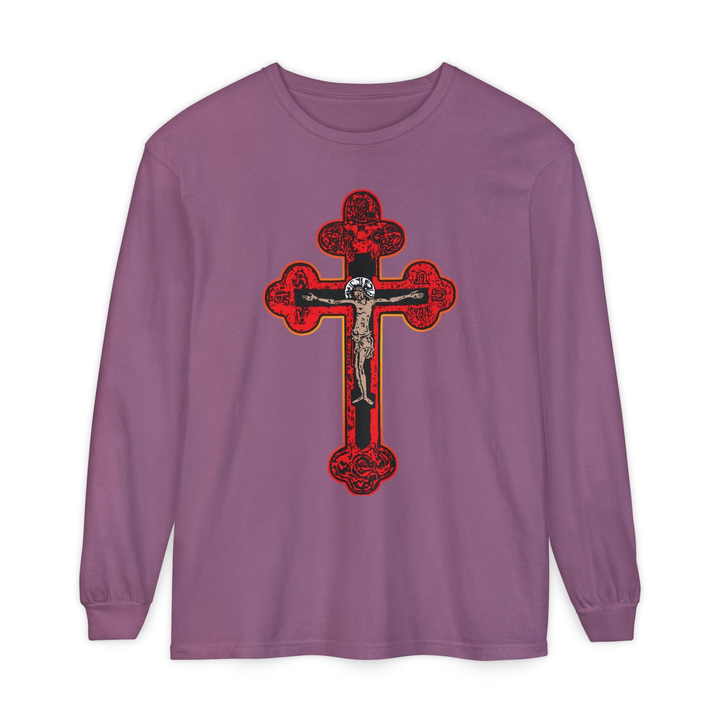 Berry long-sleeve cotton shirt featuring a detailed red Orthodox Christian crucifix in Byzantine Golgotha style, inscribed with Alpha & Omega and "I Am Crucified With Christ.