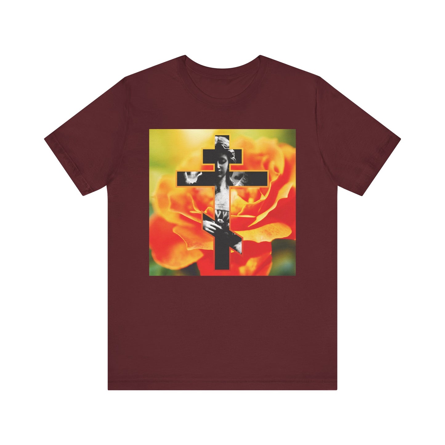 Maroon "Cemetery Statue Angel Cross on Orange Rose" tee—lightweight cotton, unisex fit. Features cross, angel, and rose graphic with "Remember You Will Die" (Memento Mori). An Orthodox Christian nod to faith and Galatians 6:14.