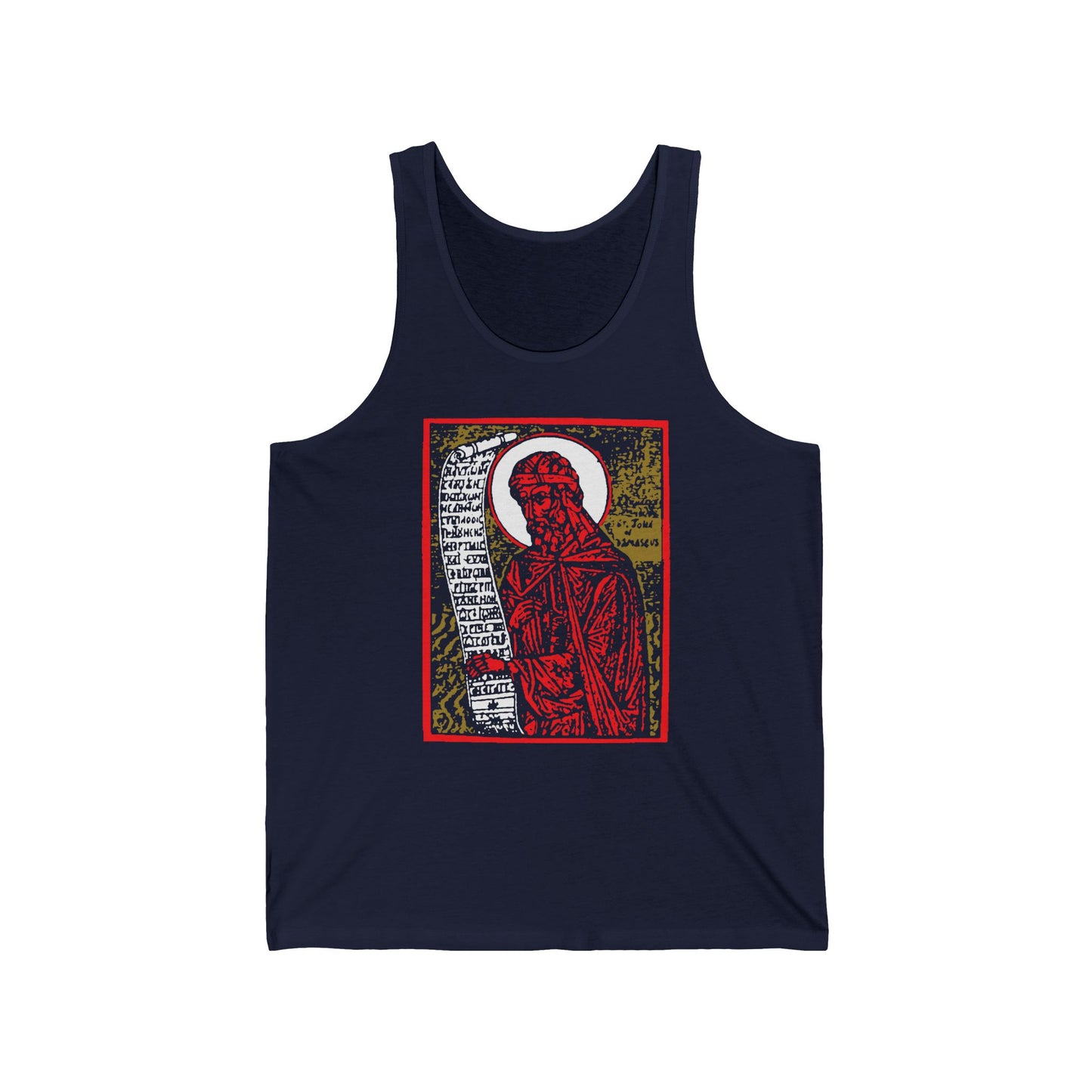 Navy cotton tank top featuring a high-contrast red, gold, and black graphic of St. John of Damascus holding a scroll, inspired by the Stichera for the Dead. Icono-Graphic Orthodox Christian Saint design.