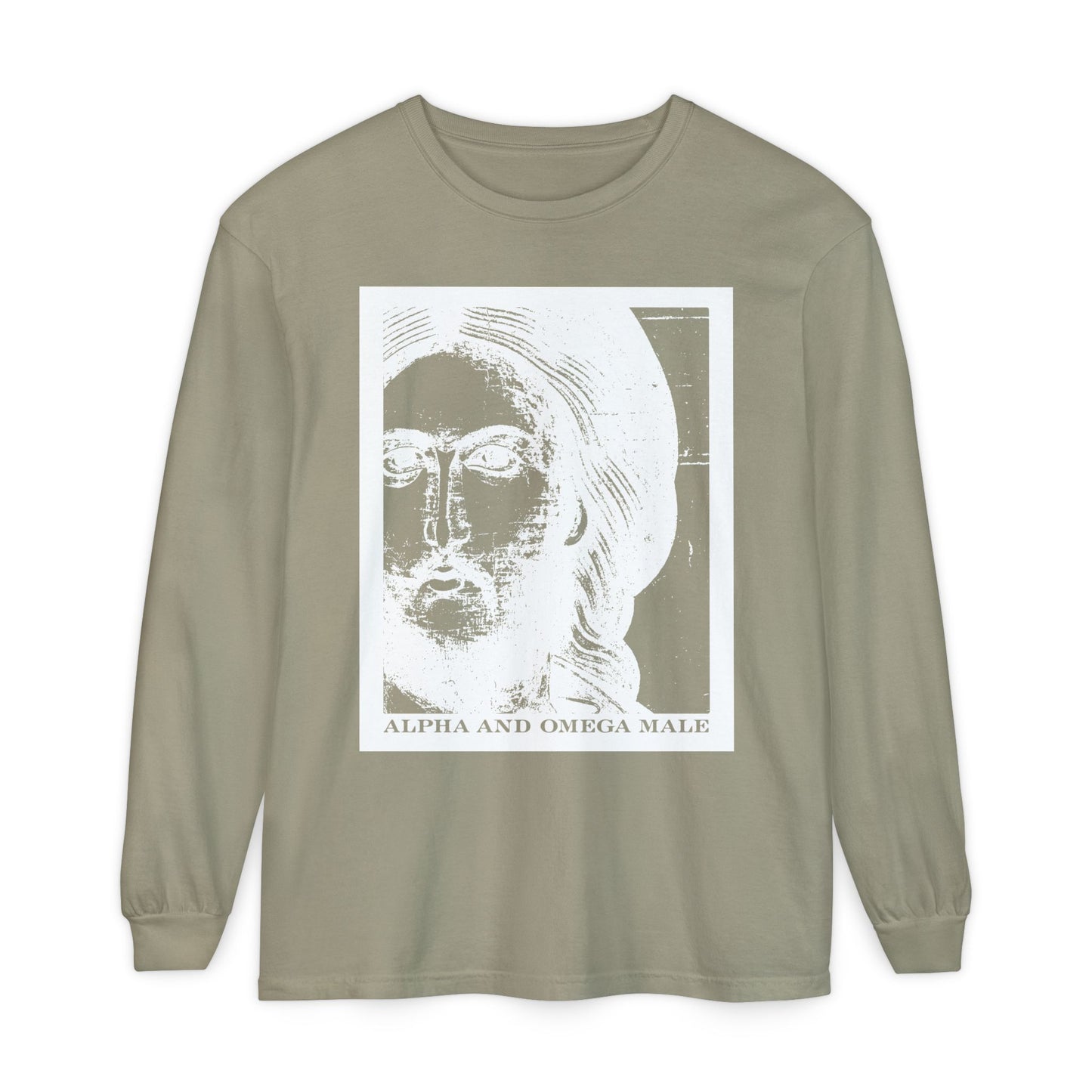 Sandstone long sleeve cotton shirt featuring a white, stylized face graphic and “Alpha & Omega Male” text—a nod to Jesus Christ as the Beginning & End (Rev 22). Product: Alpha & Omega Male Icono-Graphic Photonegative.