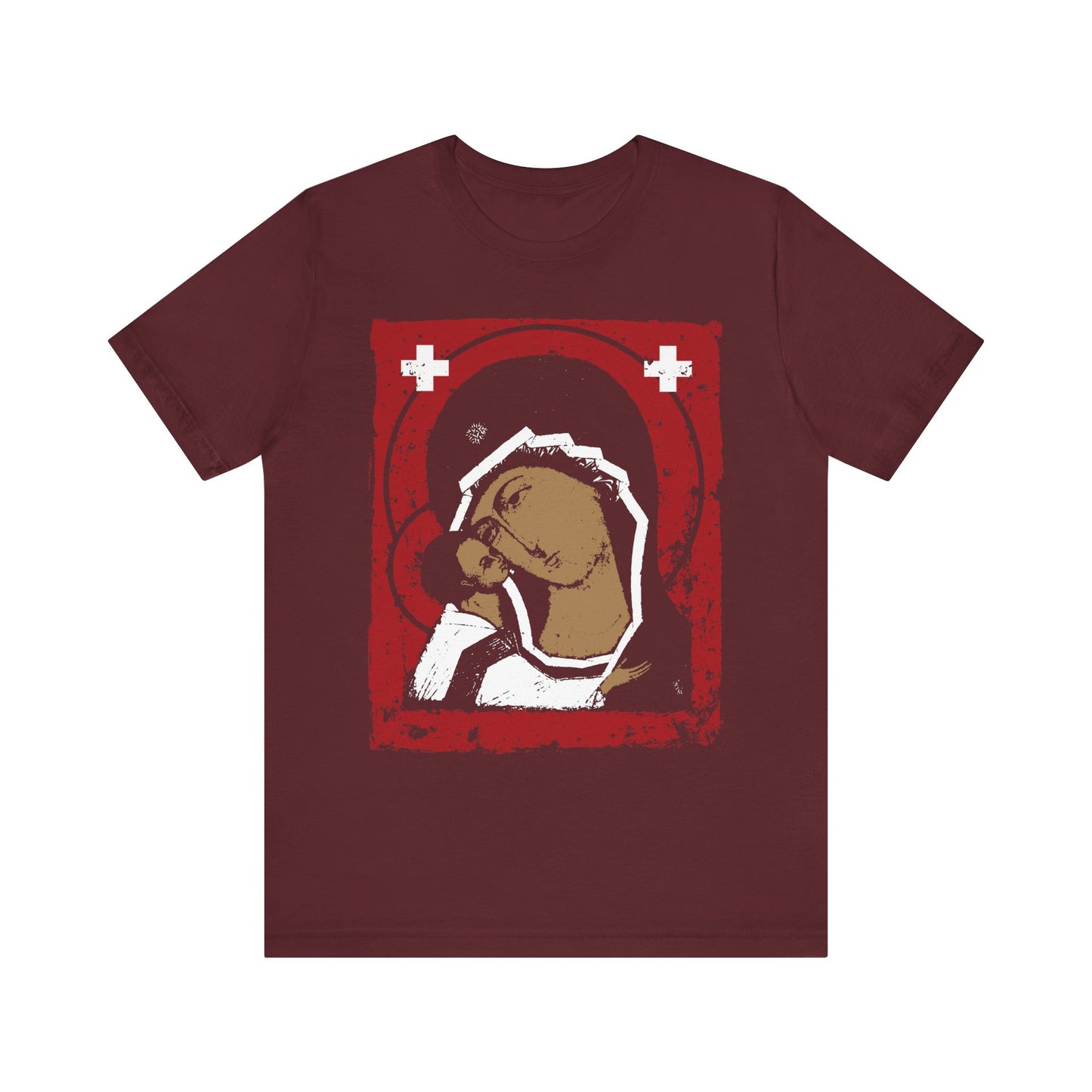 Maroon Theotokos Mother of God with Christ IconoGraphic t-shirt, featuring an Igorevskaya Tenderness Orthodox design in red, white, and black on lightweight cotton.