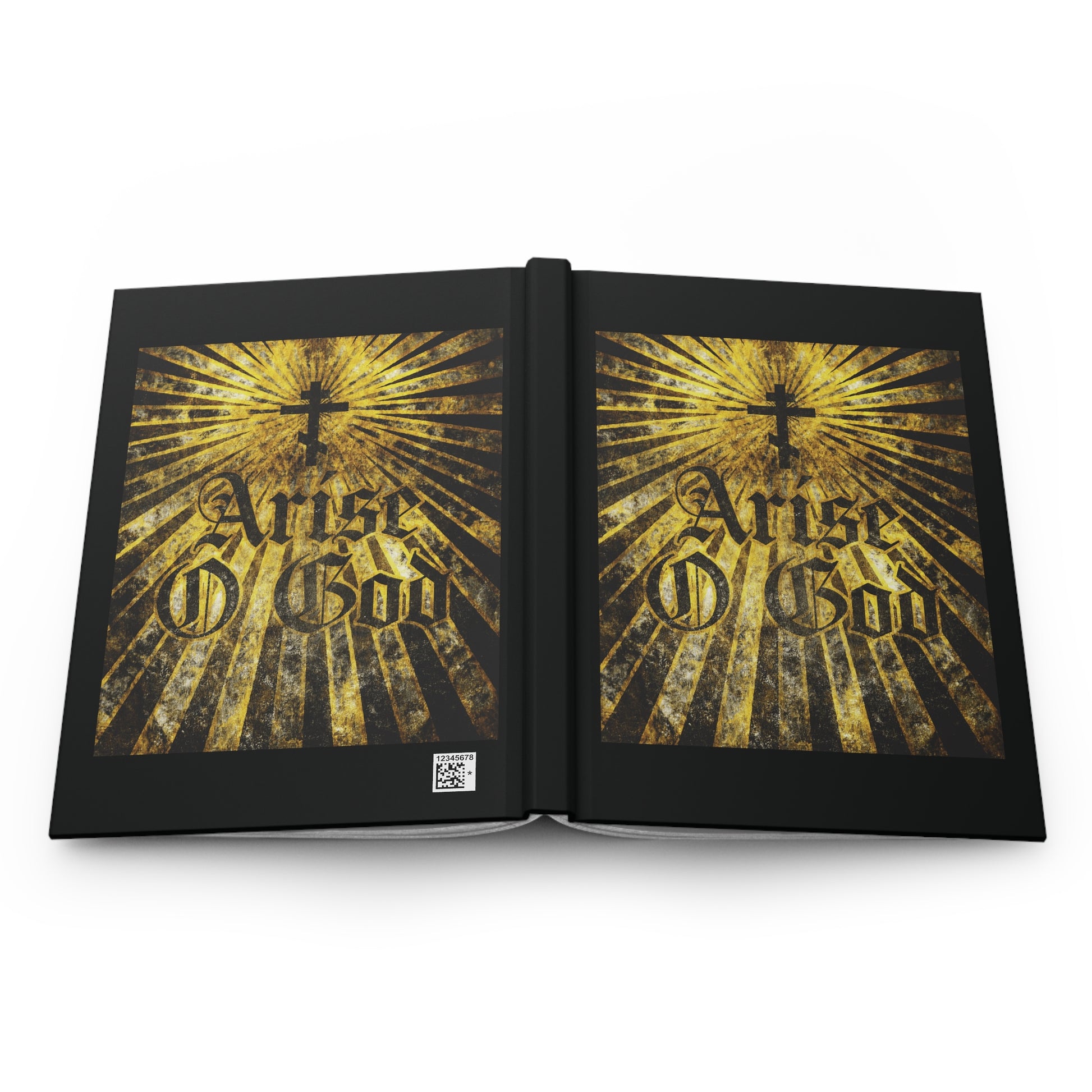 The "Arise O God | Psalm 81 (82 LXX)" blank journal features a textured Gothic font, Orthodox cross, and golden rays, reflecting the Divine Council worldview and the coming Day of the Lord.