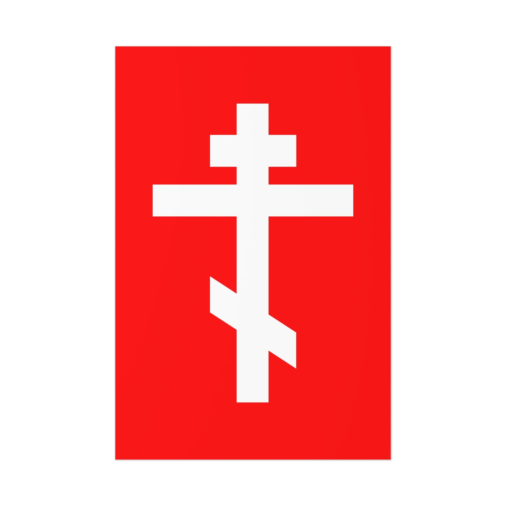 The White Orthodox Cross Red Background poster features the cross of our Lord Jesus Christ (Gal 6:14) boldly displayed in white on a vivid red backdrop—an inspiring piece of Orthodox art.