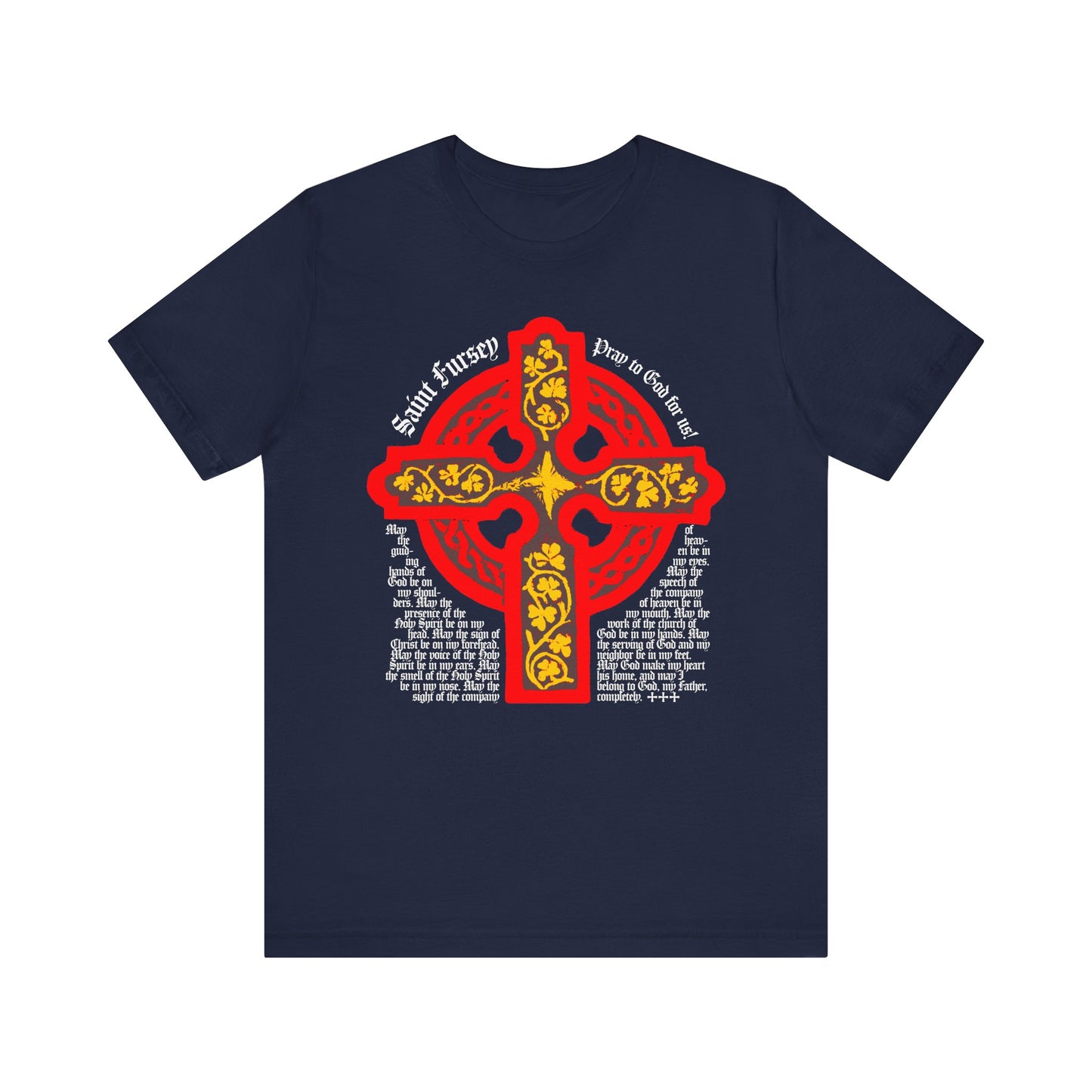 Navy lightweight unisex cotton tee featuring a red and yellow ornate Celtic cross inspired by the Lorica Shield Prayer of St Fursey, with decorative white text in Irish Orthodox Christian Western Rite style.