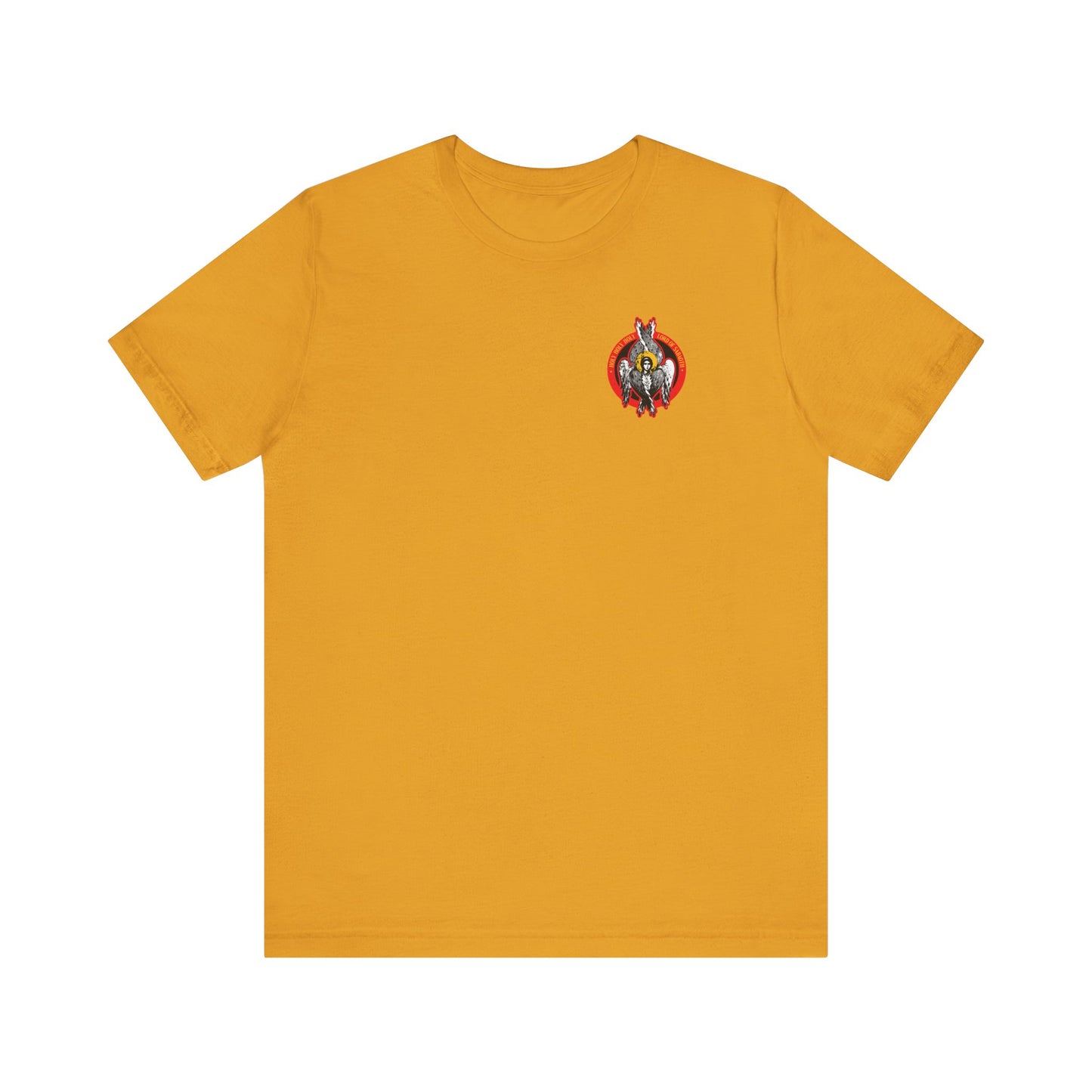 Mustard "Holy Holy Holy Seraphim Angel Icono-Graphic" unisex t-shirt features a small, colorful embroidered angel on the left chest, offering a subtle Christian touch. Lightweight cotton for comfort; part of the Heavenly Hosts of God collection.