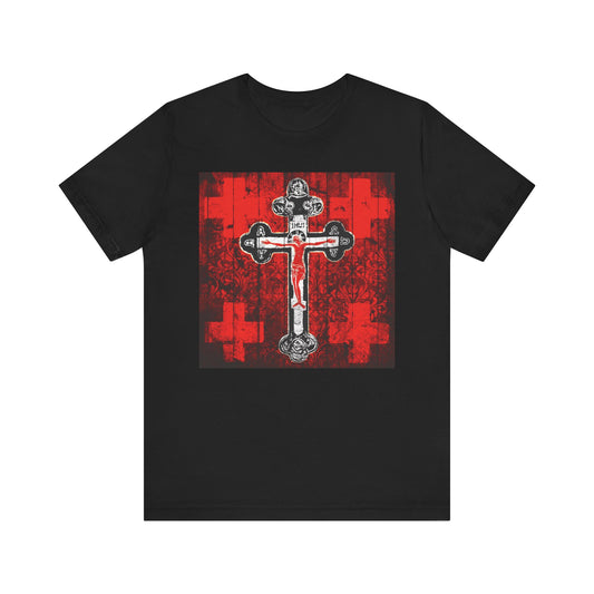 Black Alpha & Omega Art Cross unisex tee featuring a large Orthodox Jesus crucifix icon in red, white, and black on lightweight cotton—an expressive Christian design inspired by the spirit of Great Lent.