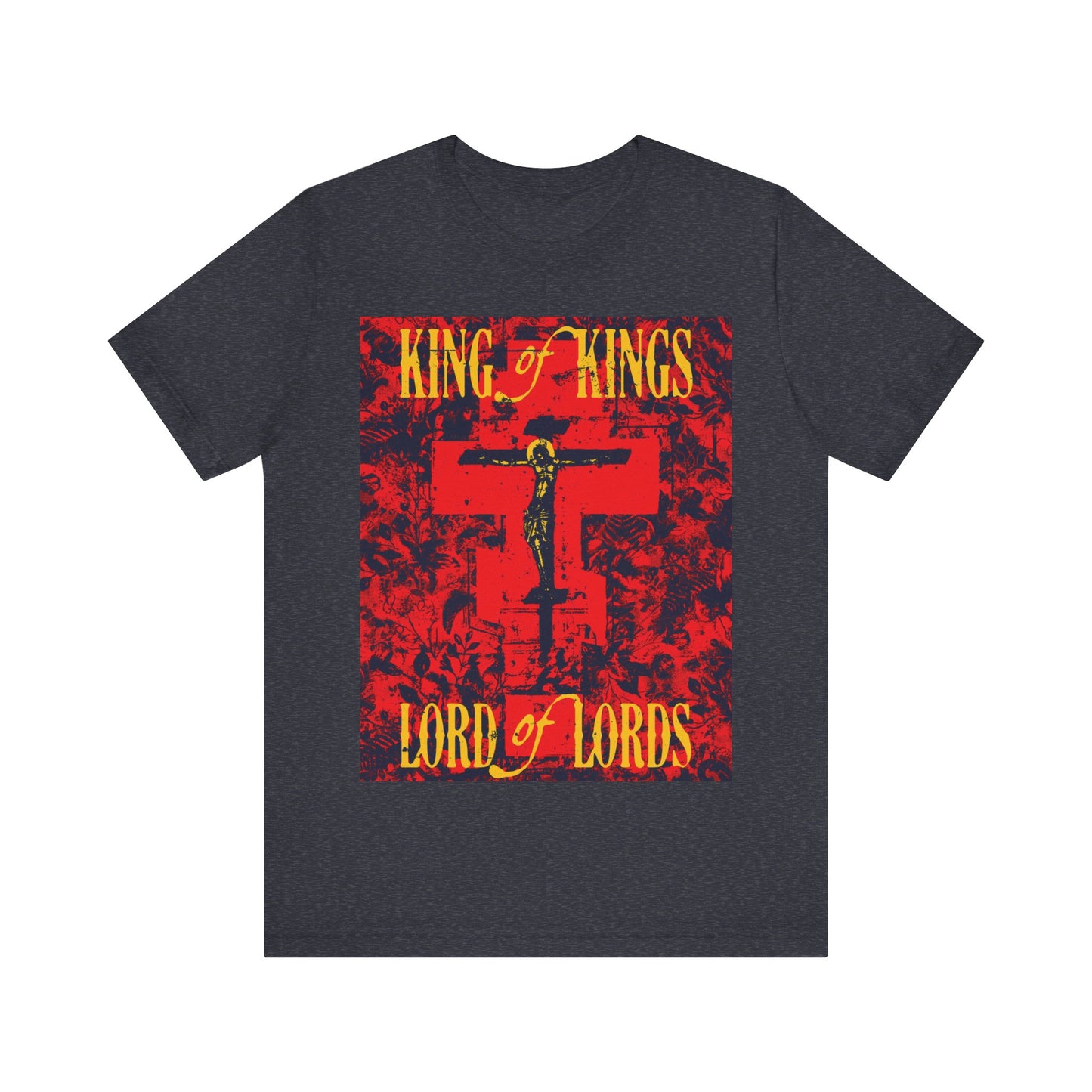 King of Kings, Lord of Lords | Christ Crucified Orthodox Icono-Graphic | Yellow & Red Design | Nature Texture | Lightweight Cotton Unisex T-Shirt