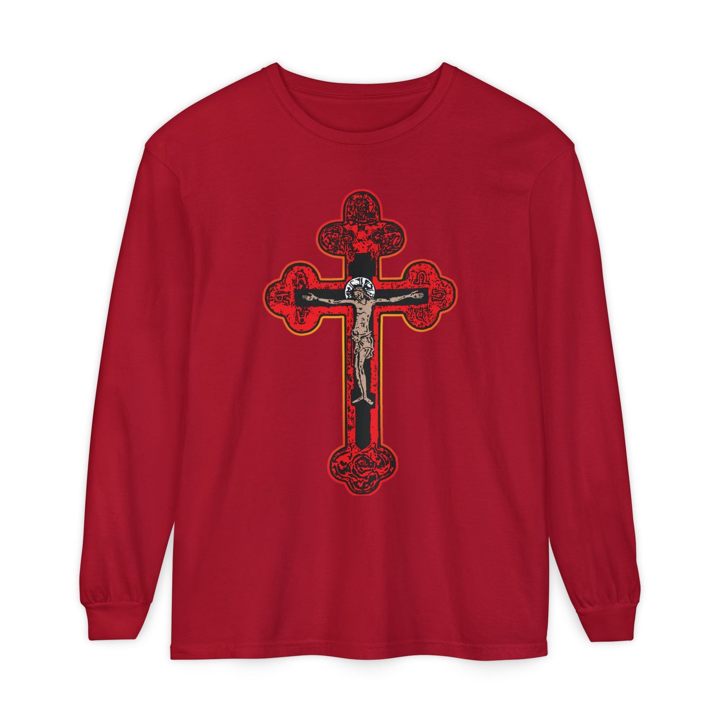 The Red Orthodox Christian Crucifix long sleeve cotton shirt features a Byzantine Golgotha Cross with Alpha & Omega and “I Am Crucified With Christ” design, reminding us that by His stripes we are healed.