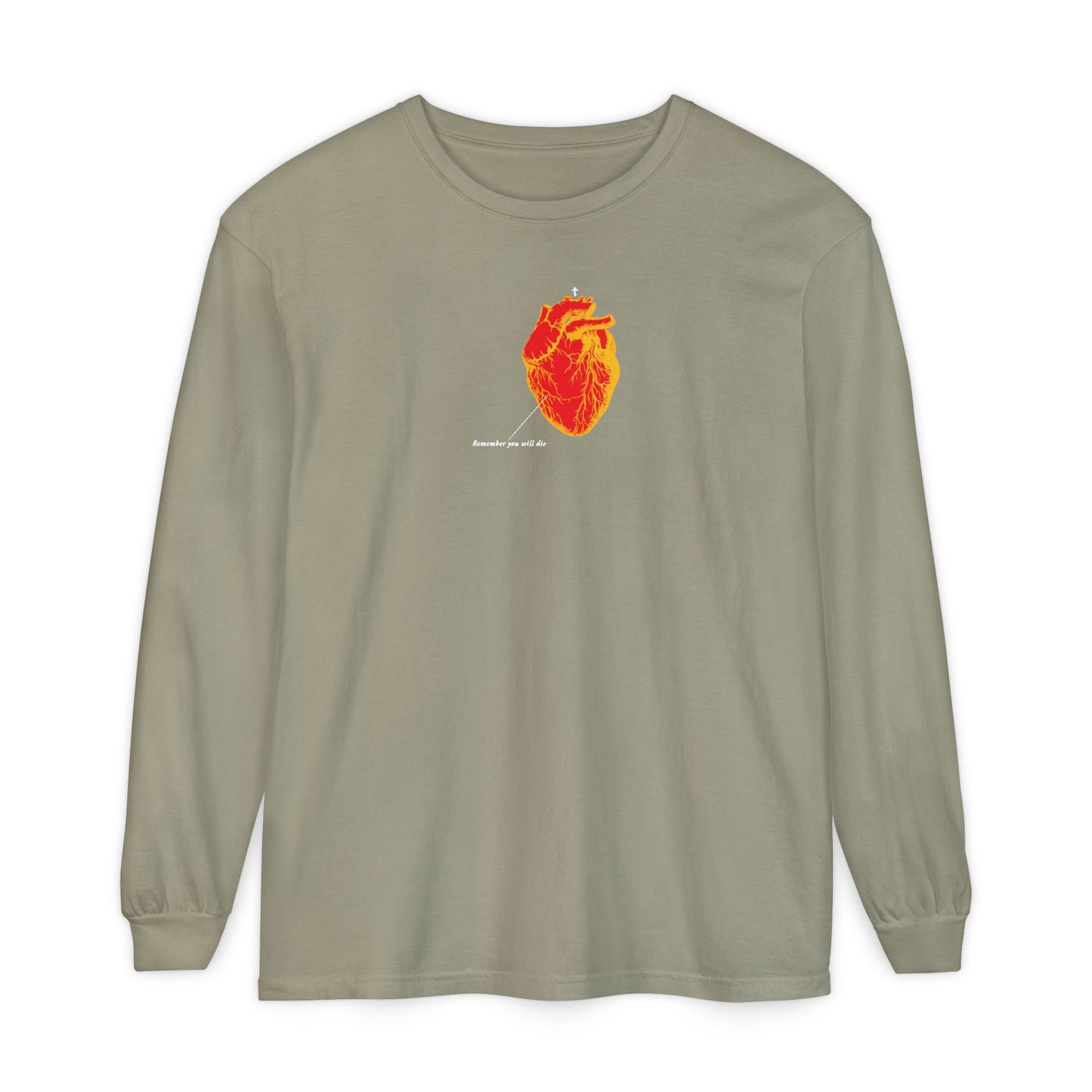 Sandstone long-sleeve shirt with a retro inverted red and orange anatomical heart graphic, small white text below, and subtle Memento Mori Christian details inspired by the afterlife.