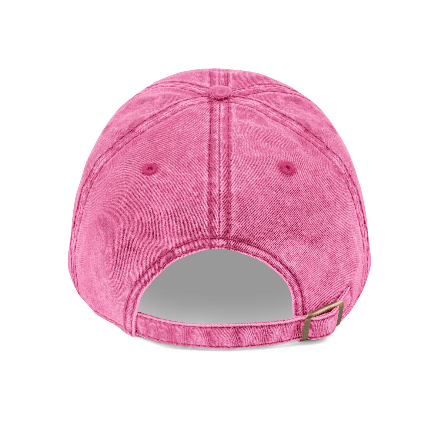 Back view of the Simple White Orthodox TriBar Cross minimalist Christian distressed cap in pink, featuring an adjustable strap and metal buckle, embroidered with "Crucify My Ego to the Precious and Life Giving Cross.