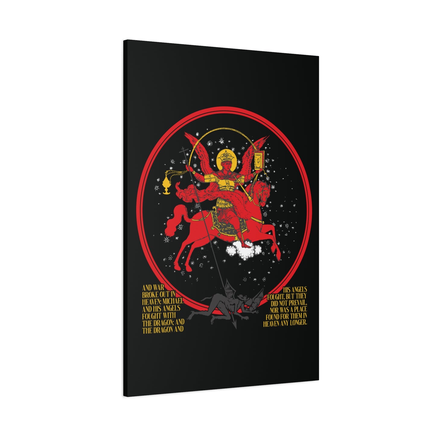 Archangel Michael of the Apocalypse Icono-Graphic: Inspired by Rev 12:7-9, this Christian canvas art depicts Michael battling Satan in the War in Heaven, with symbolic stars and a red circle surrounding the dramatic scene.