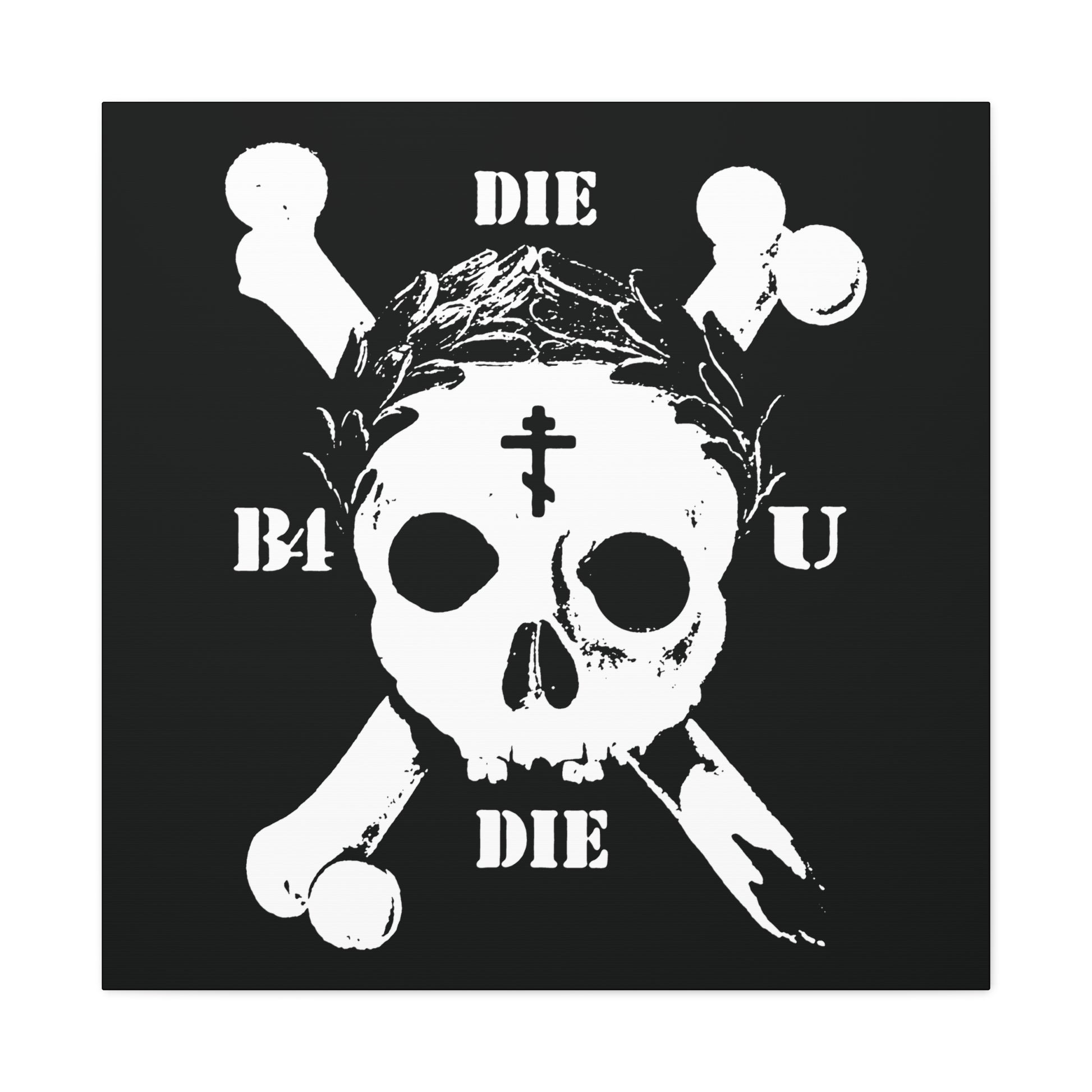 The "Die Before You Die" wall art features a retro skull & crossbones, Orthodox cross, and laurel wreath—a bold ascetic Christian memento mori inspired by Matthew 16:24-25.