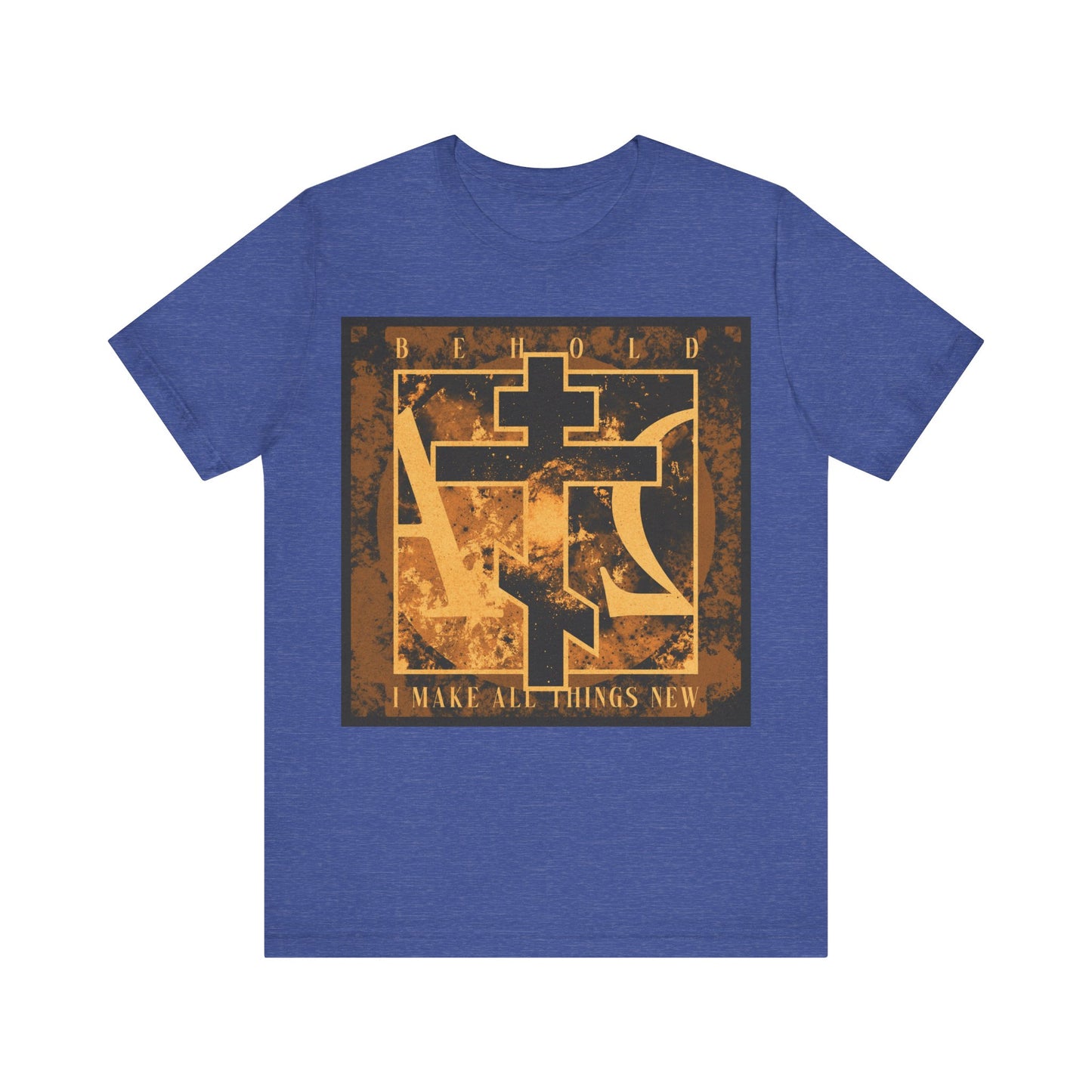Heather True Royal t-shirt featuring a brown & orange Orthodox cross with Alpha & Omega background and the text "Behold, I Make All Things New" (Rev 21:5); Orthodox Christian cotton tee inspired by the vision of new creation.