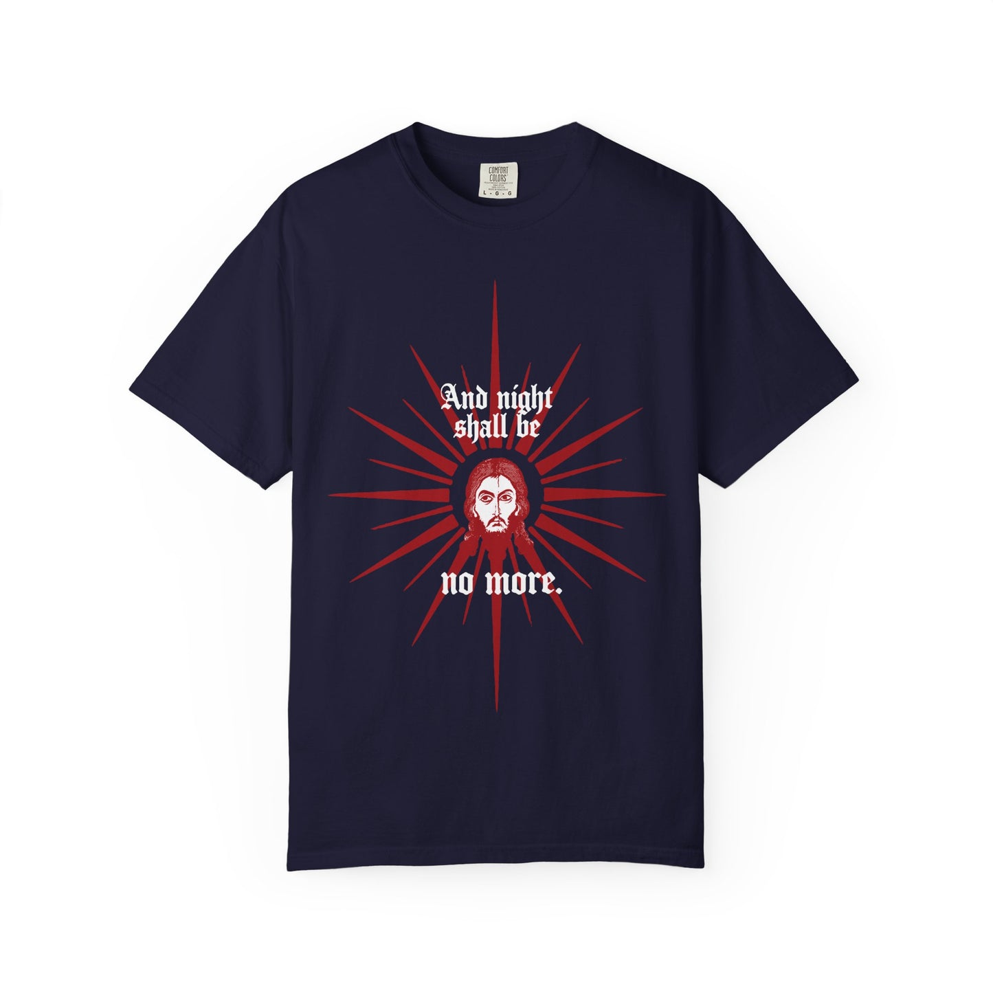 And Night Shall Be No More (Rev 22:5) | Red & White Design | Face of Jesus Christ Icono-Graphic | Orthodox Heavyweight Cotton Unisex Tee
