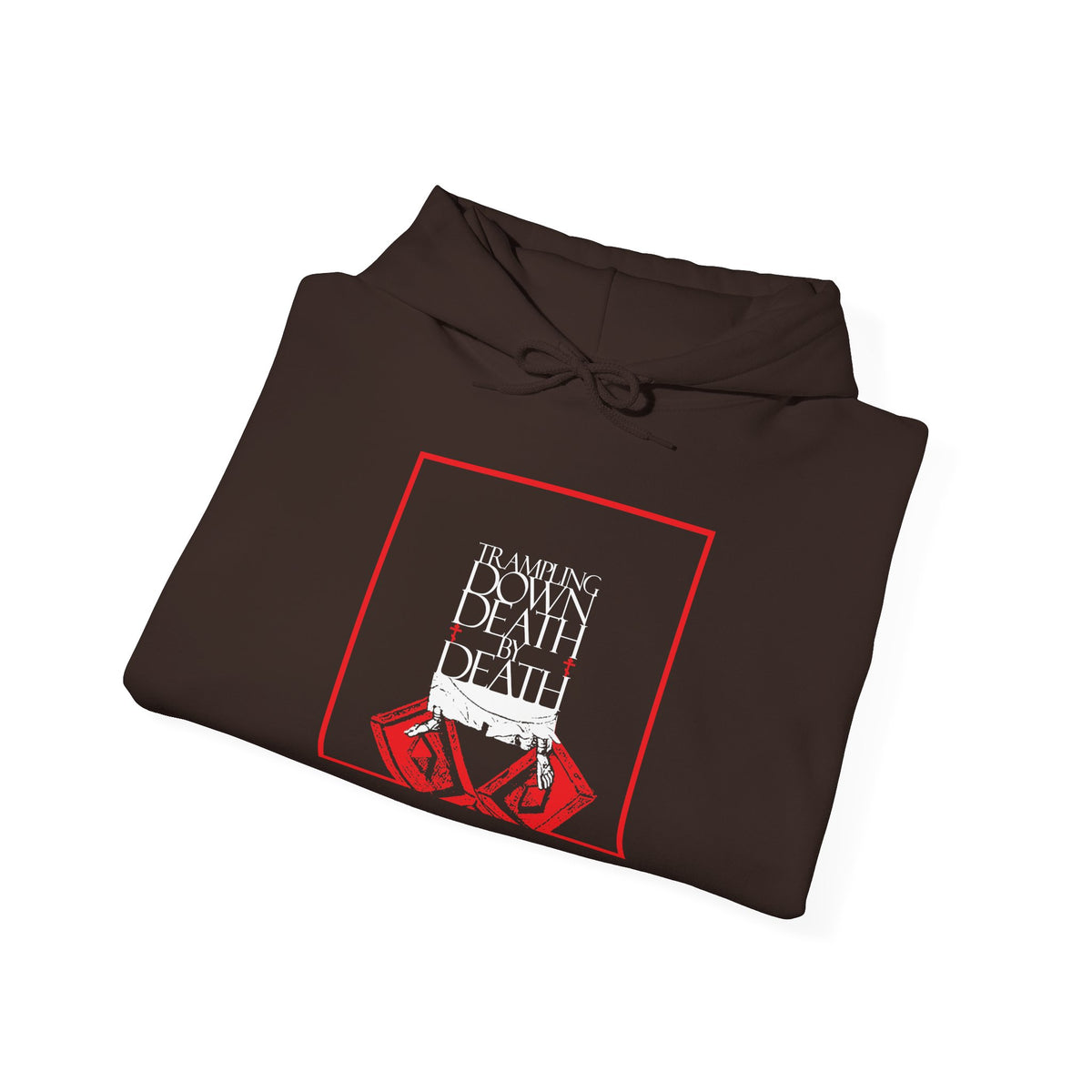 Dark brown Trampling Down Death By Death hoodie showing Jesus’s feet on the broken gates of Hades.