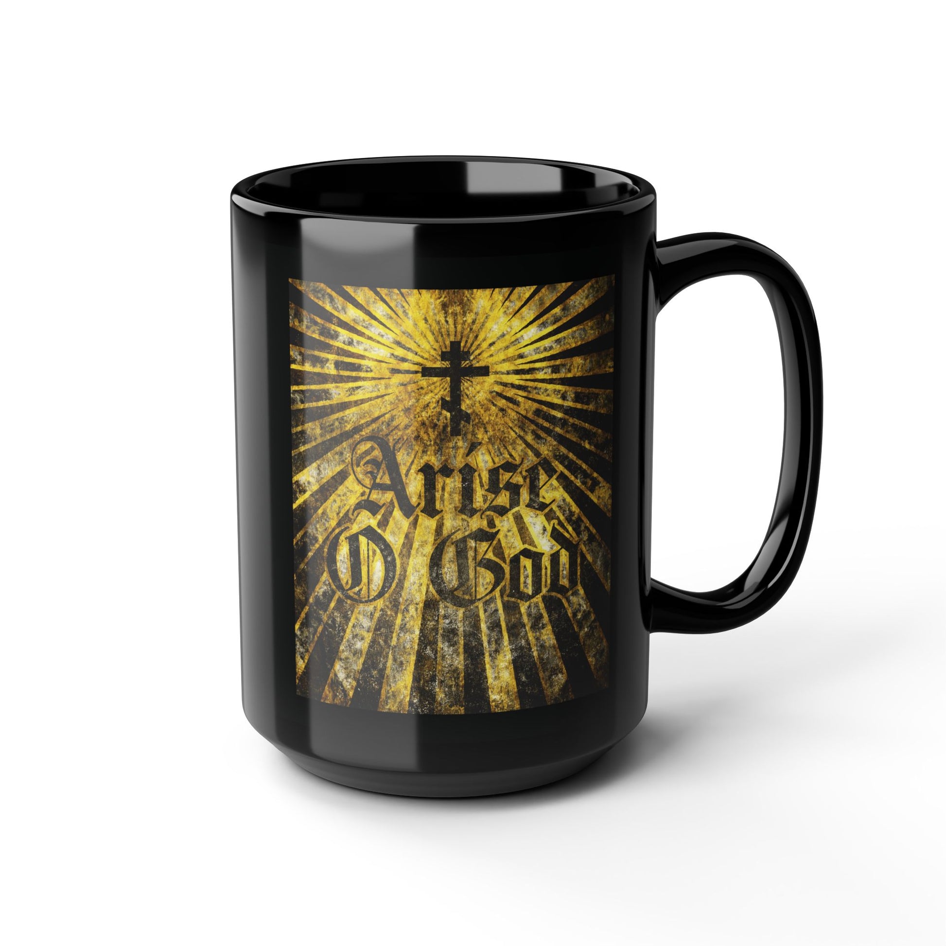 Arise O God black mug: features Psalm 81 (82 LXX), textured gothic font, Orthodox cross with golden rays—an inspiring Divine Council worldview design for Orthodox Christians.